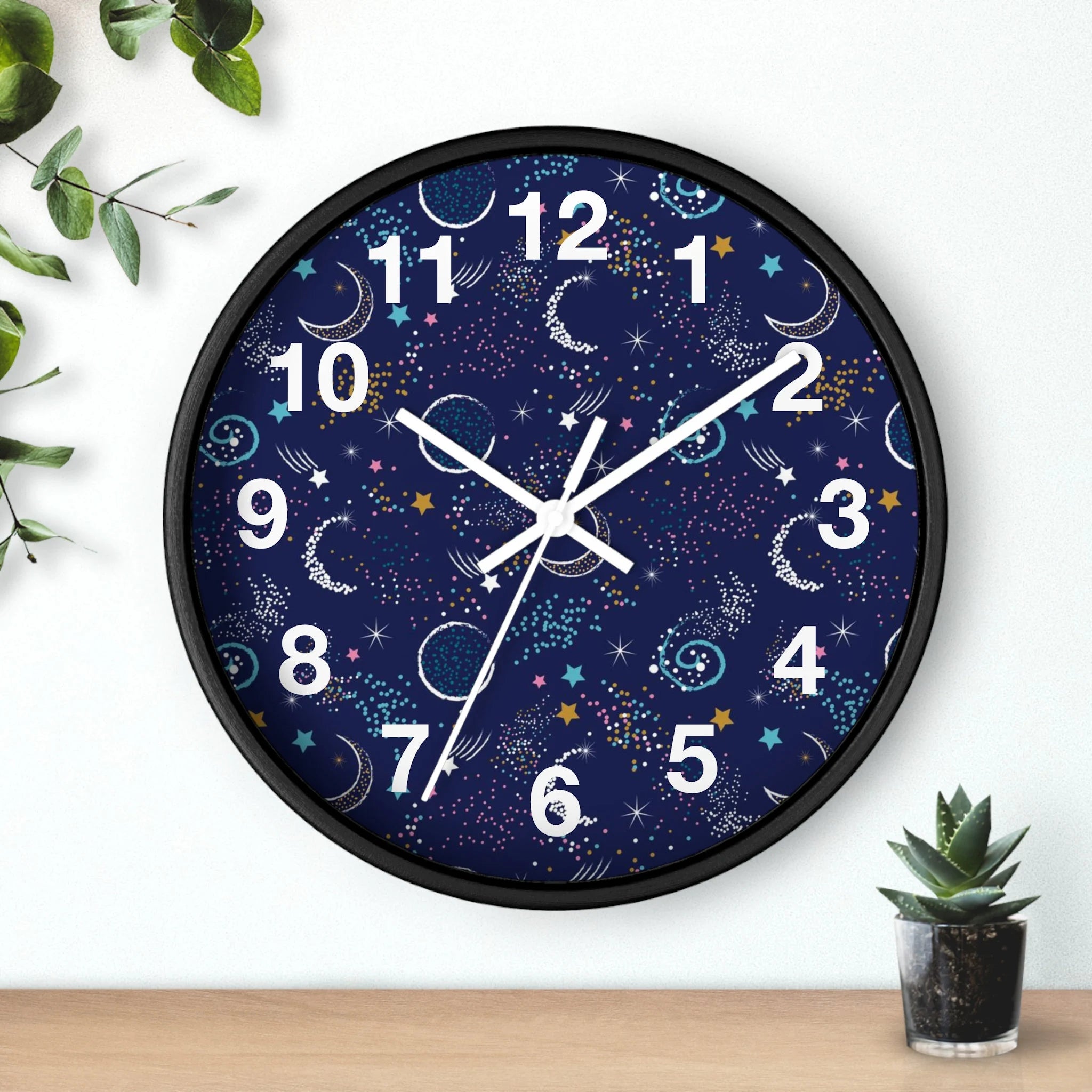 Kids night sky silent wood wall clock with black frame deep blue face white numerals and colorful moon and star illustrations