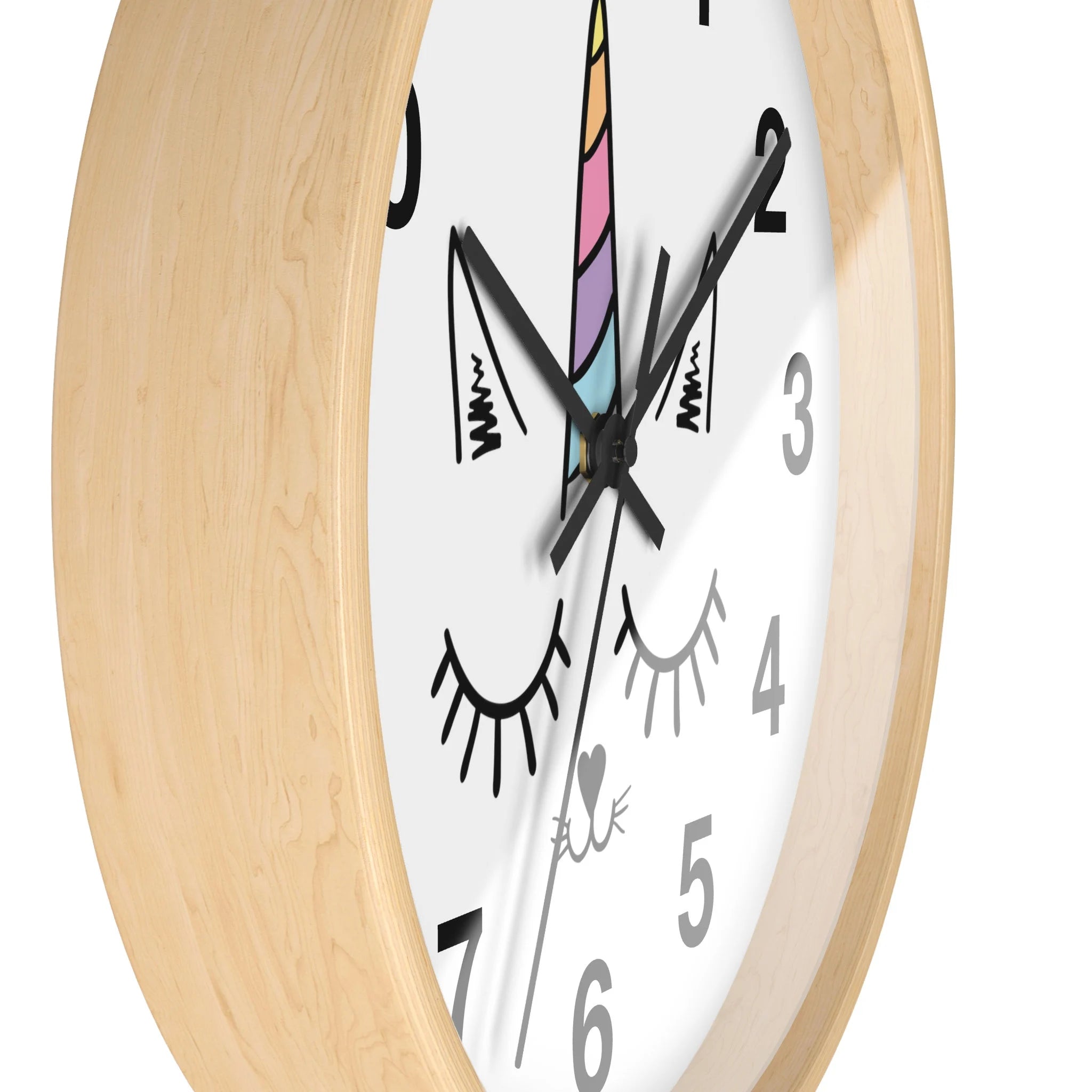 Girls caticorn silent wood wall clock with light wood frame white face and cartoon unicorn with rainbow horn design