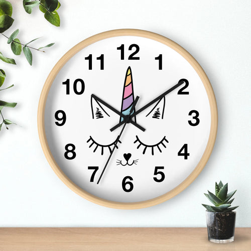 Girls caticorn silent wood wall clock with light wood frame white face black cat design and rainbow unicorn horn at 12 o’clock
