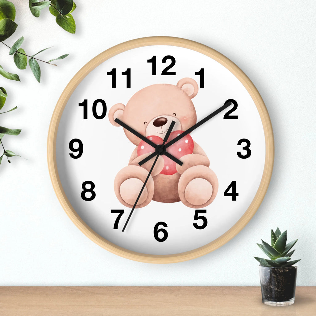 Kids teddy bear heart silent wood wall clock with light wood frame and pink teddy holding red polka dotted heart
