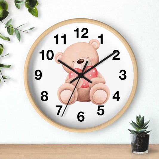 Kids Teddy Bear Heart Silent Wood Wall Clock