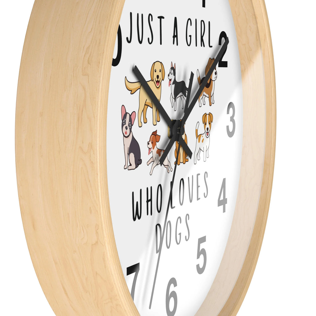 Girls just a girl who loves dogs silent round wood wall clock with light wood frame cartoon dog design
