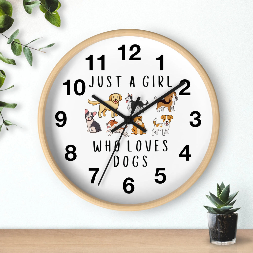 Girls just a girl who loves dogs silent wood wall clock with light wood frame white face and black numerals and cartoon dogs