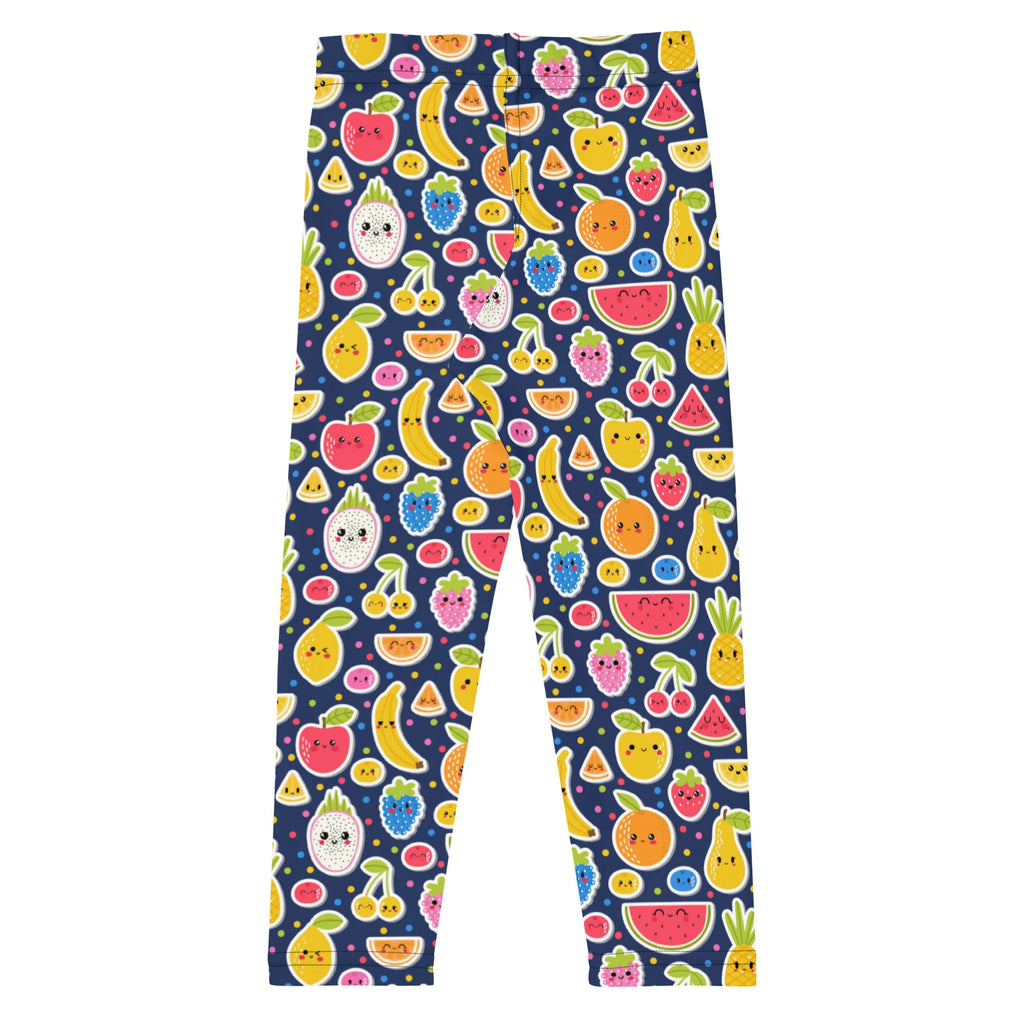 Girls emoji fruit buttery soft navy blue leggings with playful cartoon apples bananas and watermelons faces pattern