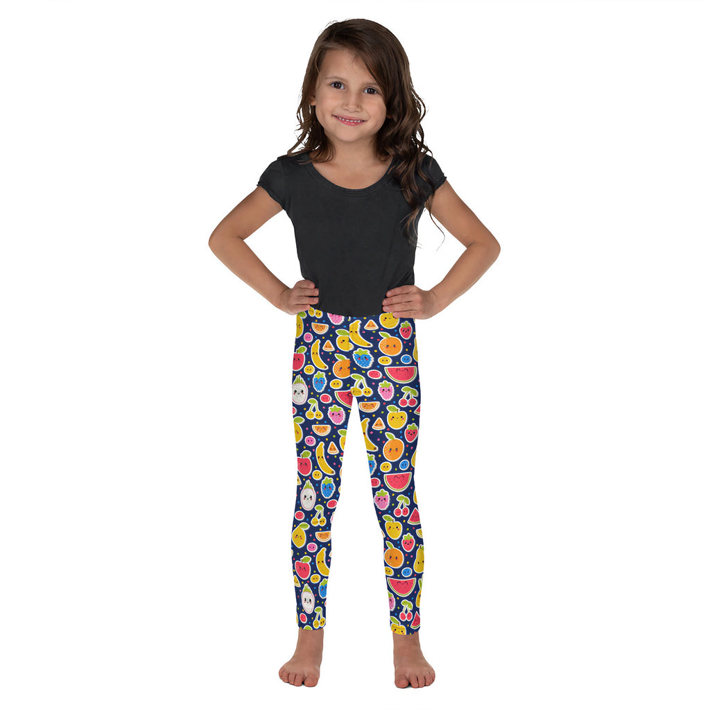 Girls emoji fruit buttery soft leggings featuring colorful fruit illustrations on a navy blue background