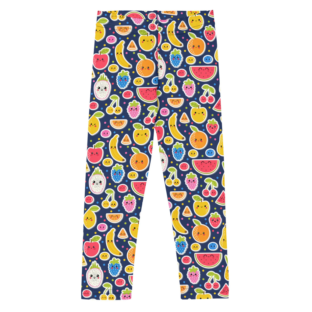 Girls emoji fruit buttery soft leggings with colorful cartoon watermelon bananas and cherries on dark blue background