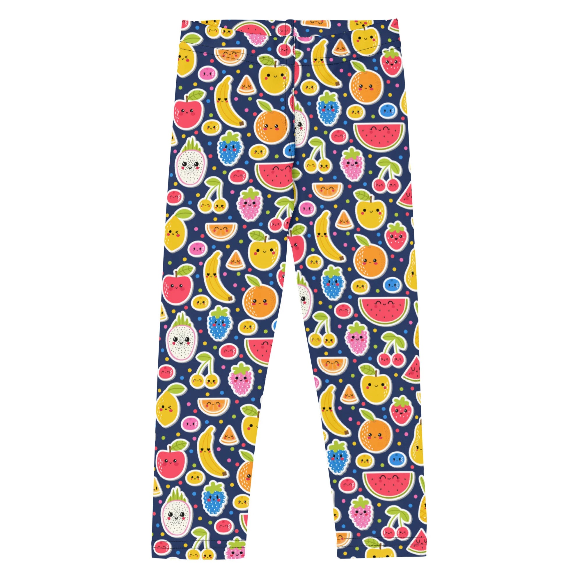 Girls emoji fruit buttery soft leggings with colorful cartoon watermelon bananas and cherries on dark blue background