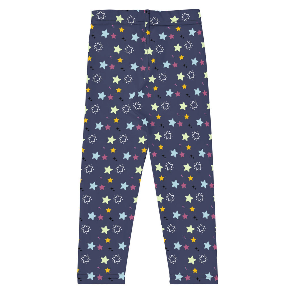 Dark blue kids night stars buttery soft leggings with a playful multicolored pastel star pattern