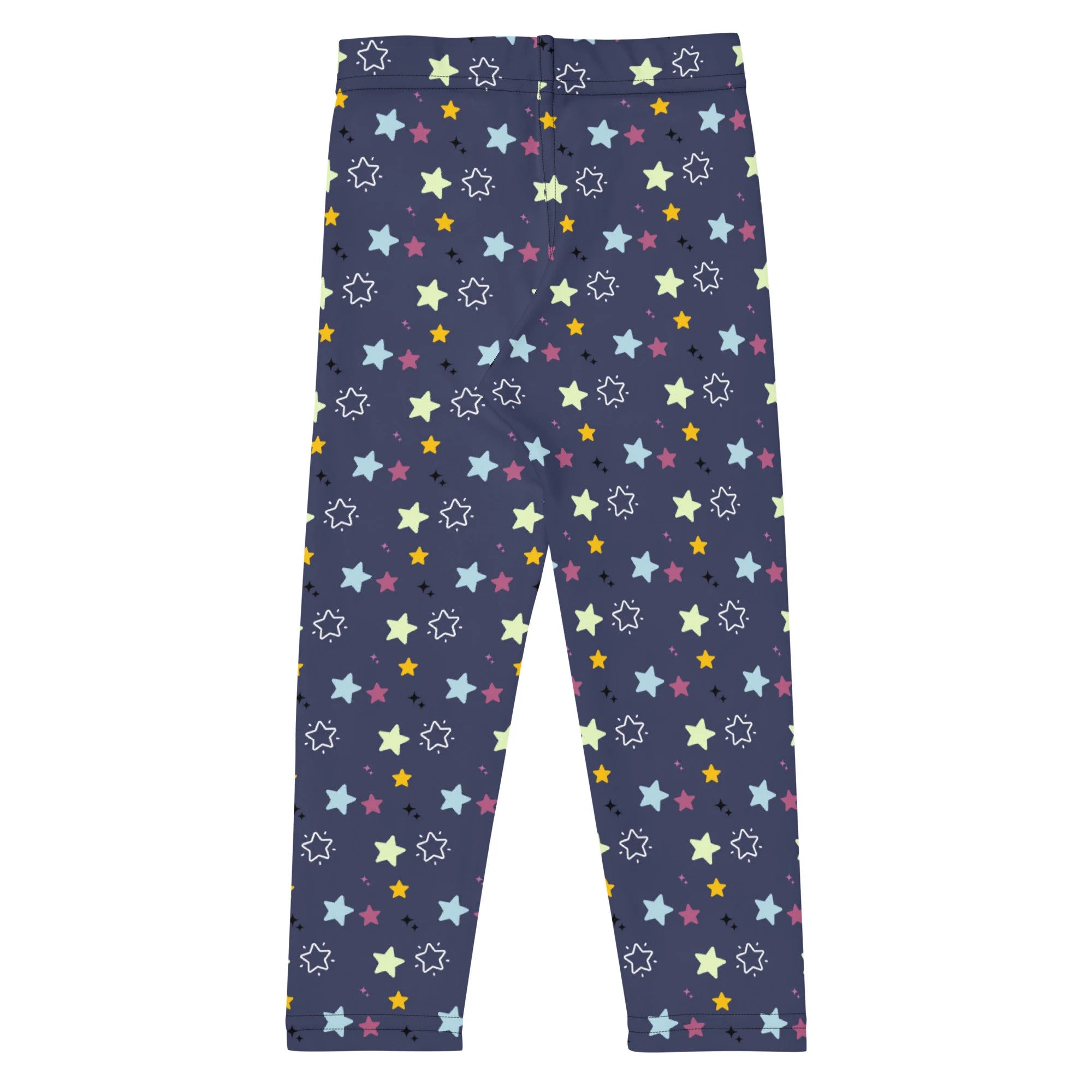 Dark blue kids night stars buttery soft leggings with a playful multicolored pastel star pattern