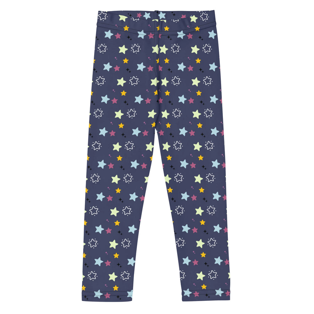 Dark blue kids night stars buttery soft leggings with multicolored pastel star pattern for playful comfort
