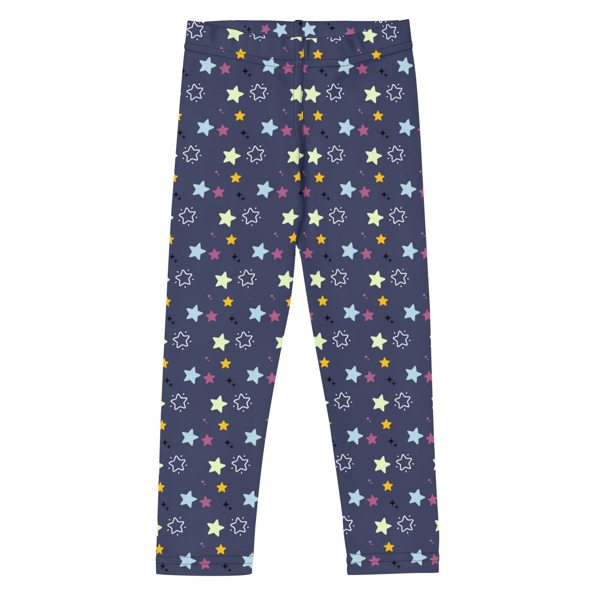 Dark blue kids night stars buttery soft leggings with multicolored pastel star pattern for playful comfort