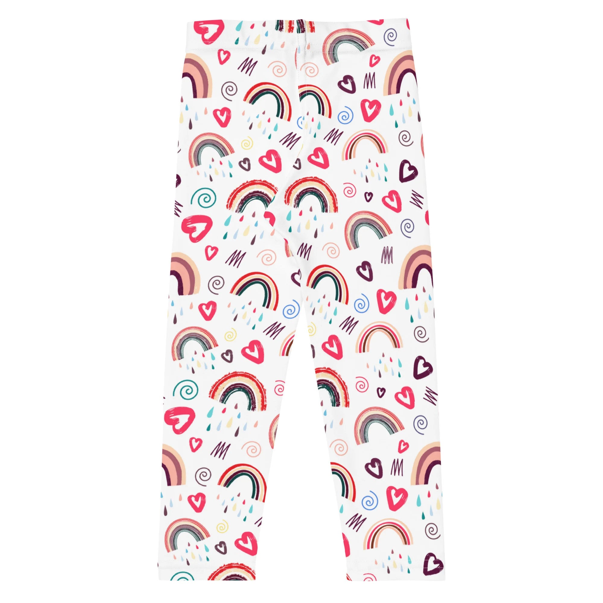 Girls rainbow doodle heart buttery soft white leggings with colorful rainbows hearts swirling lines and raindrops pattern