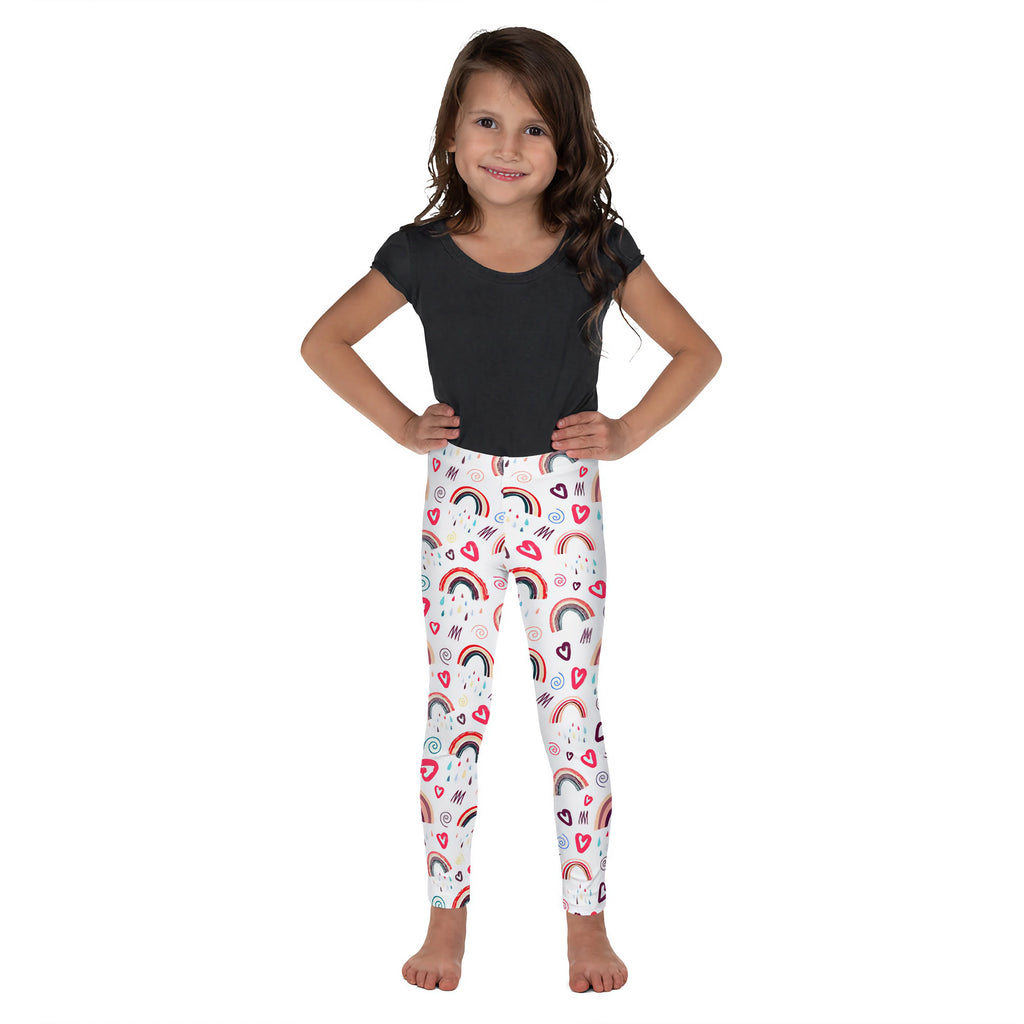 Girls doodle rainbow and hearts white leggings with colorful rainbows pink hearts and whimsical doodles pattern