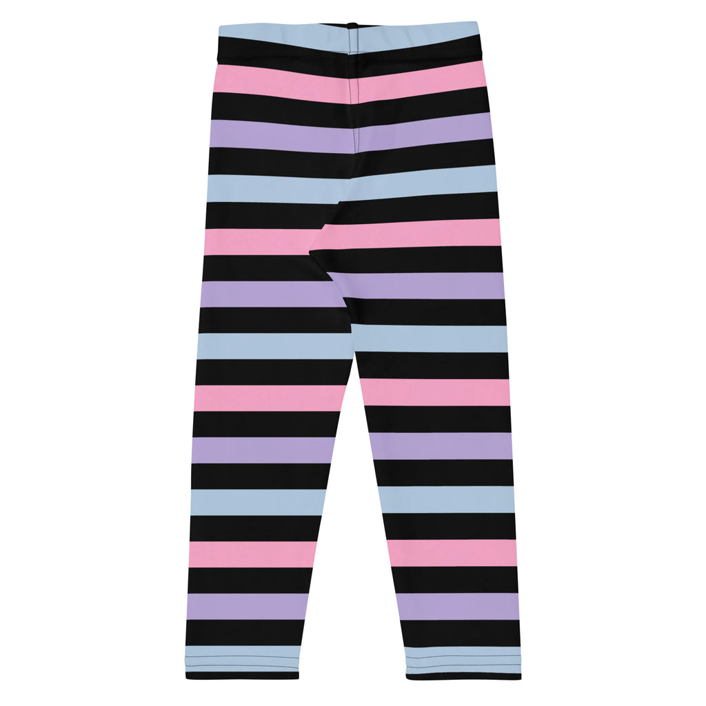 Pastel-striped girls leggings with bold pink lavender blue and black horizontal bands made from buttery soft fabric