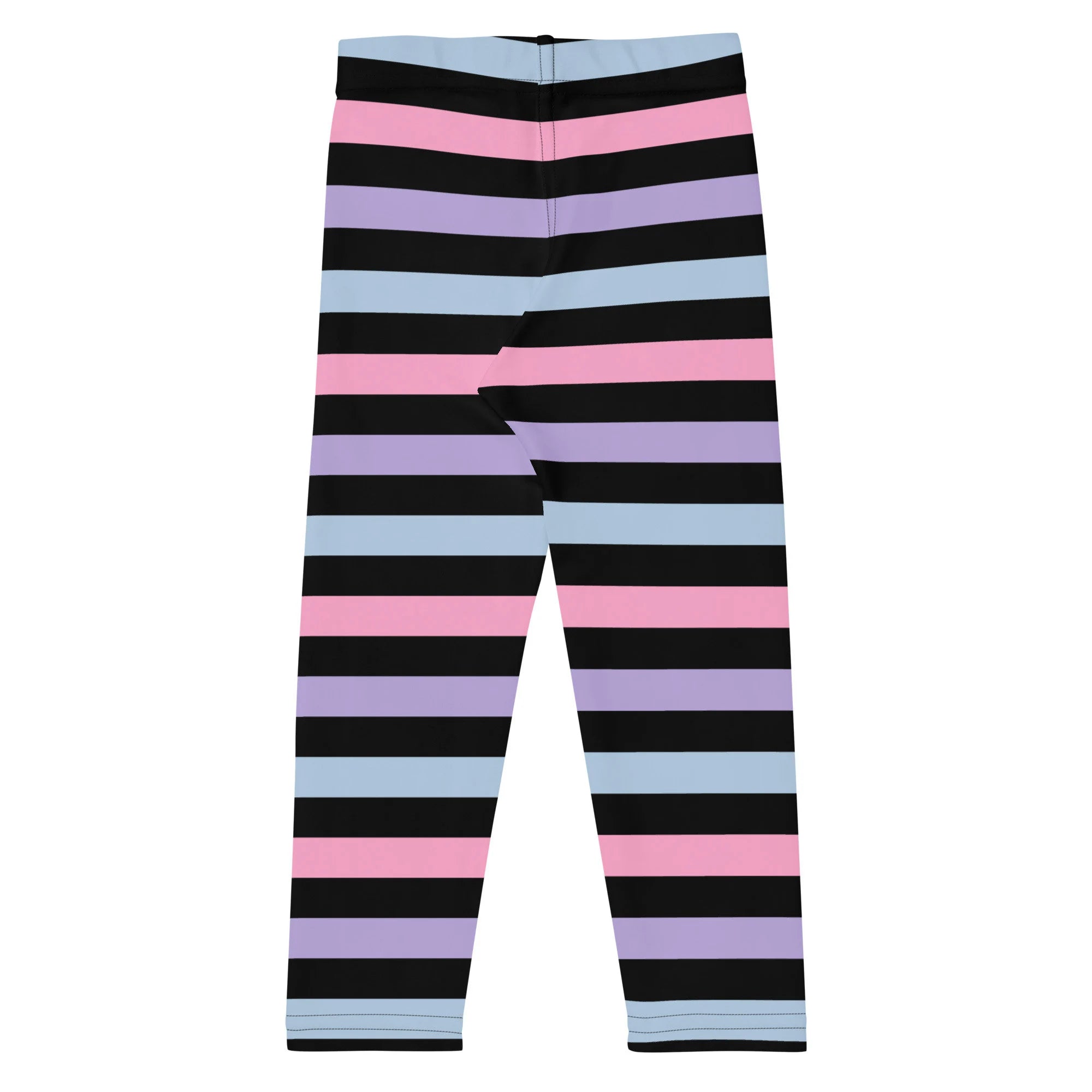 Pastel-striped girls leggings with bold pink lavender blue and black horizontal bands made from buttery soft fabric