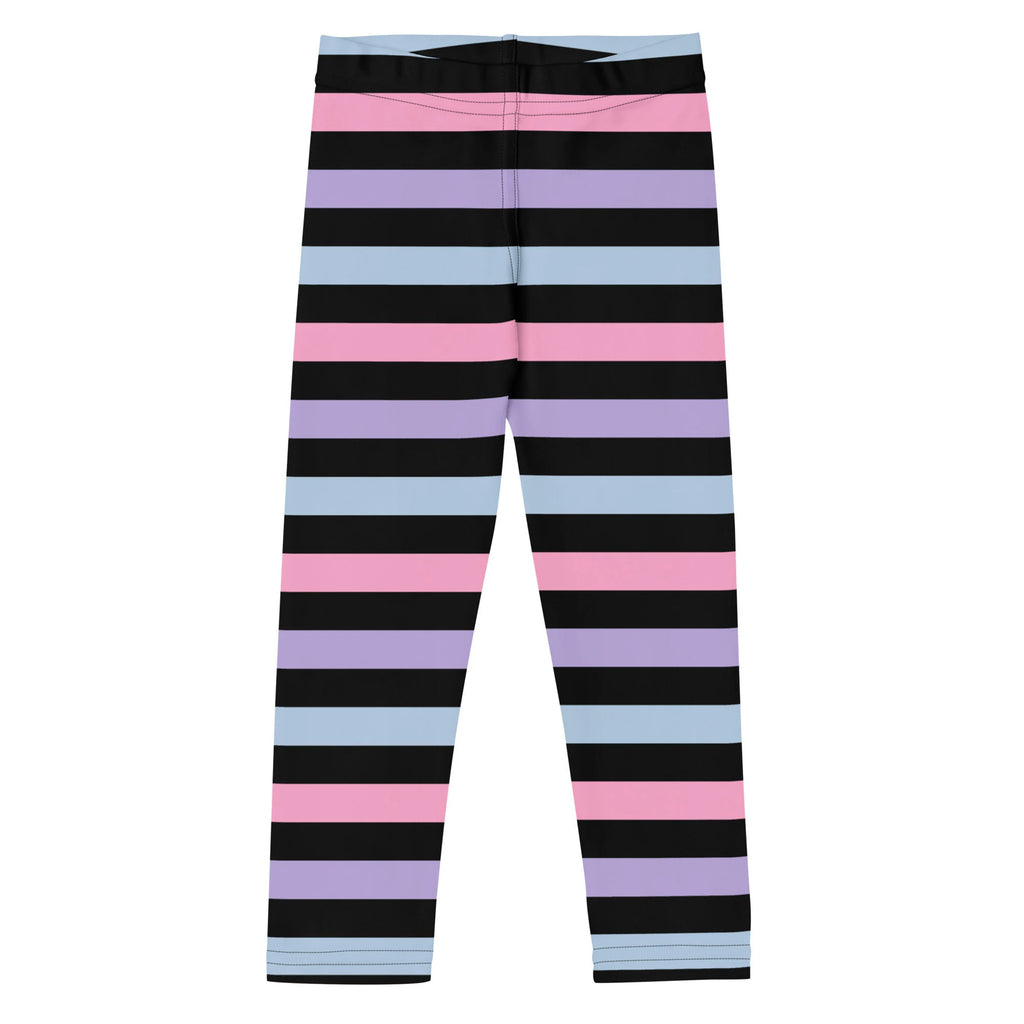 Girls colorful striped buttery soft leggings featuring pastel pink lavender and light blue bands on black background