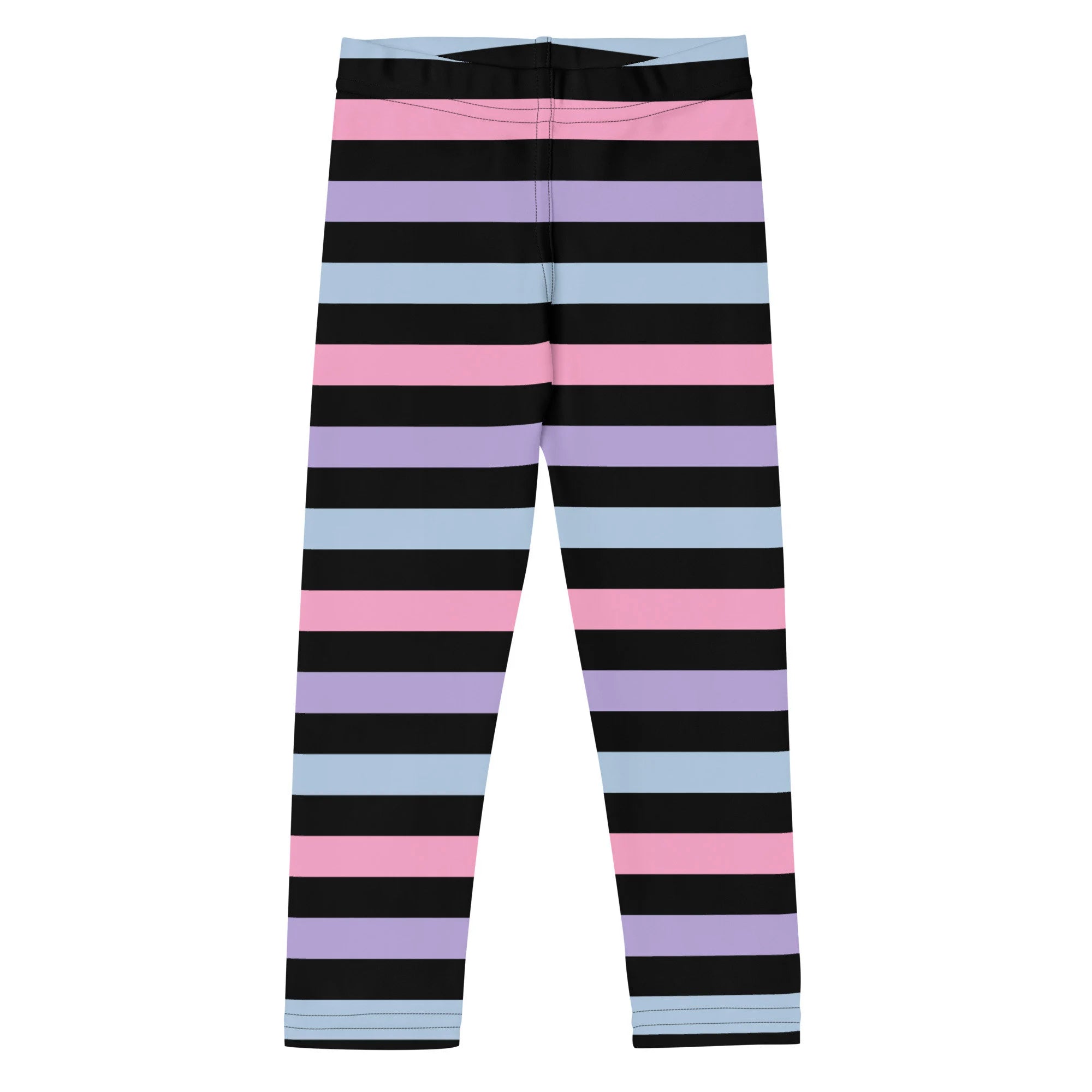 Girls colorful striped buttery soft leggings featuring pastel pink lavender and light blue bands on black background