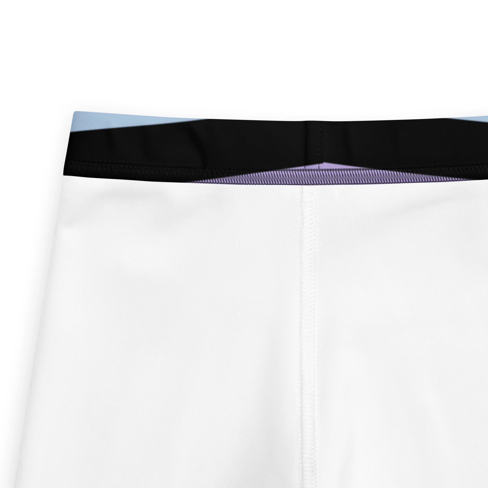 White athletic shorts with black and light blue elastic waistband paired with girls colorful striped buttery soft leggings purple black and blue