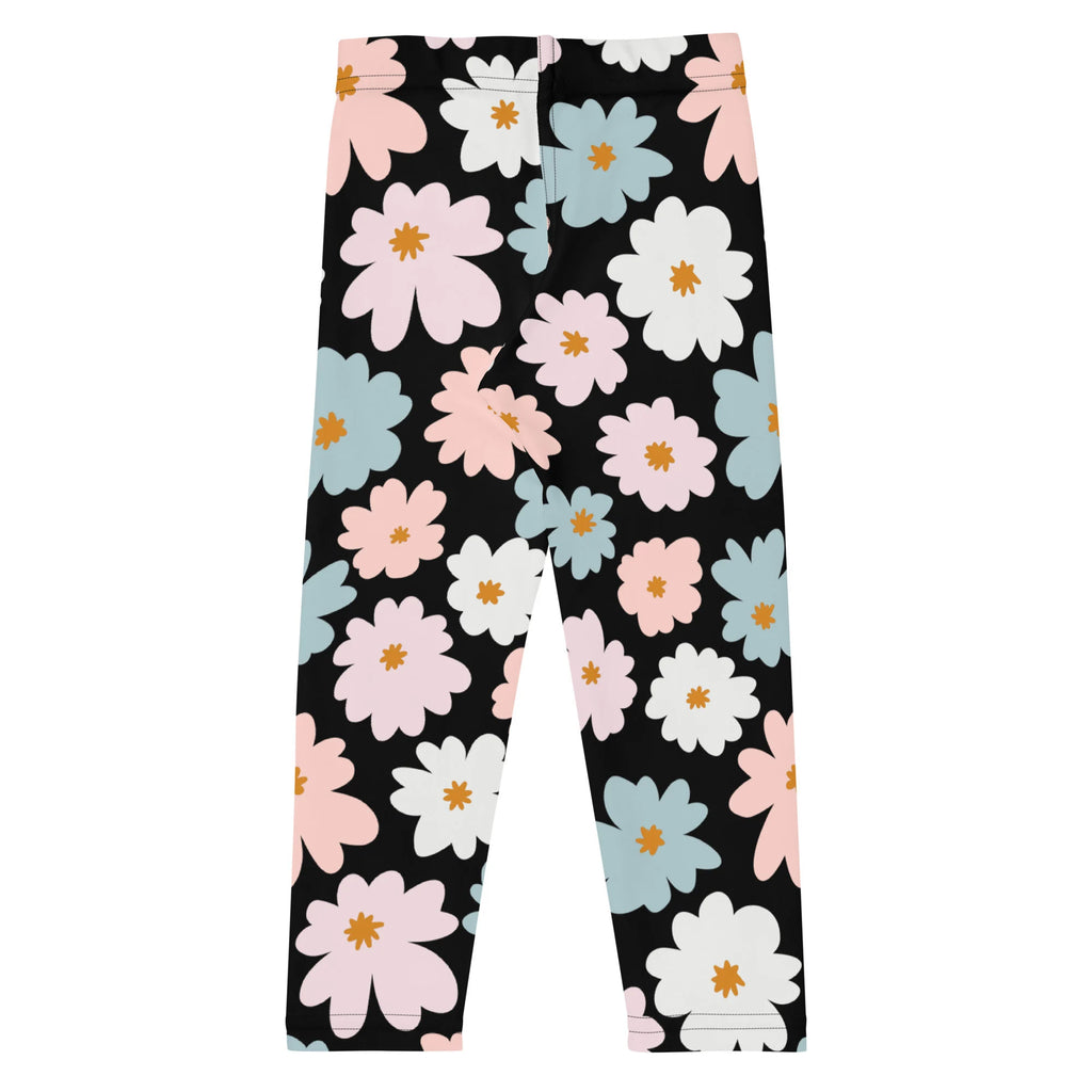 Girls flower buttery soft black leggings with pastel pink white and light blue floral pattern with yellow centers