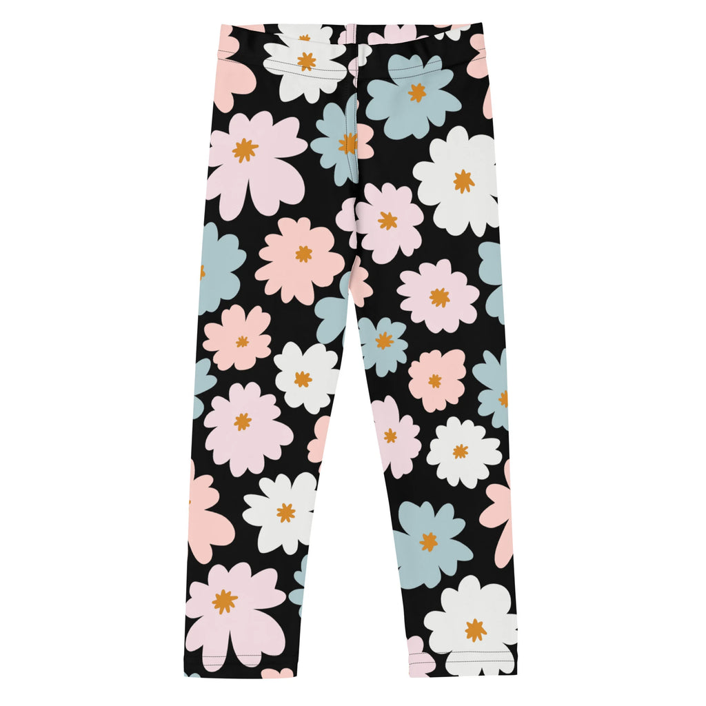 Girls flower buttery soft black leggings with vibrant pink white and light blue floral pattern with yellow centers