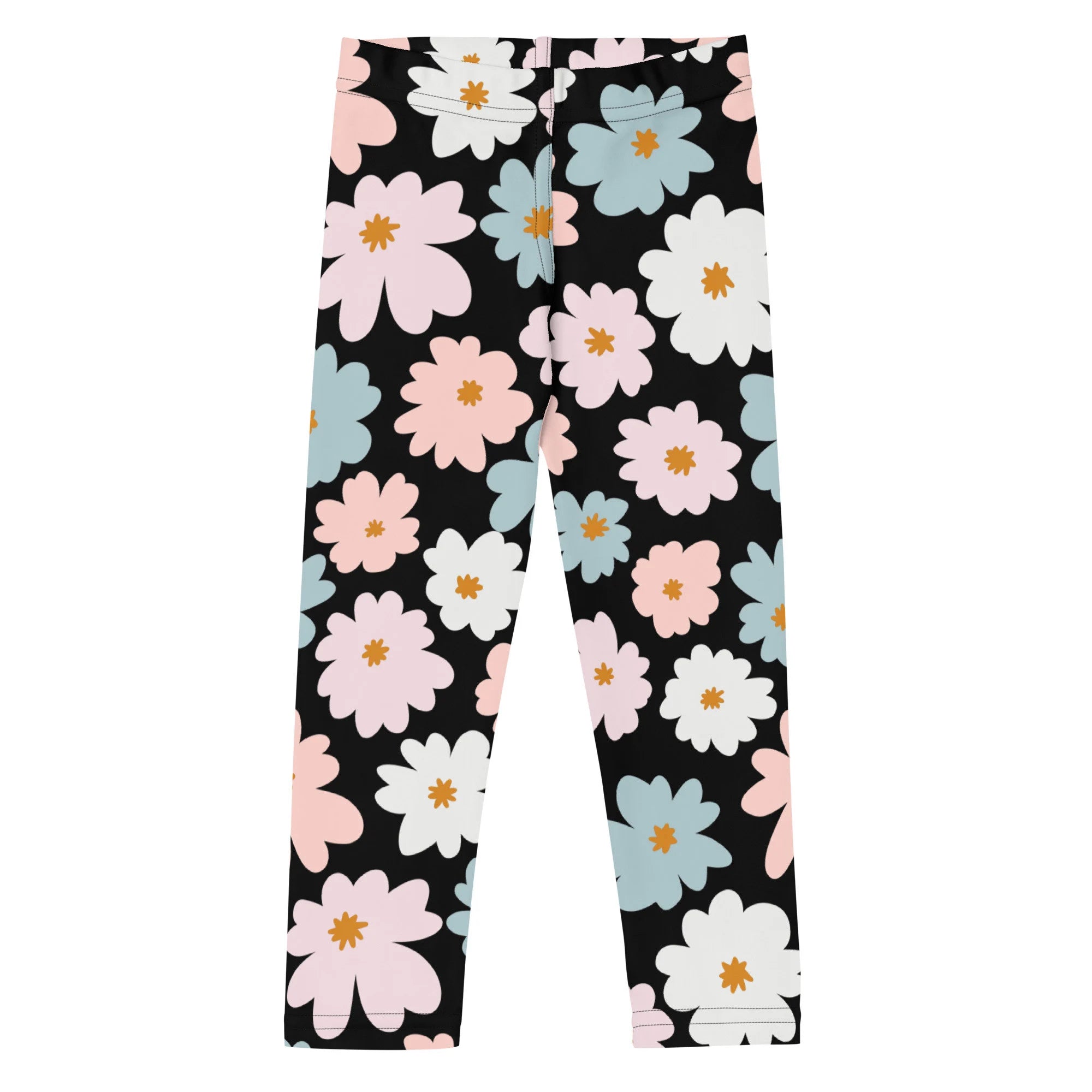 Girls flower buttery soft black leggings with vibrant pink white and light blue floral pattern with yellow centers