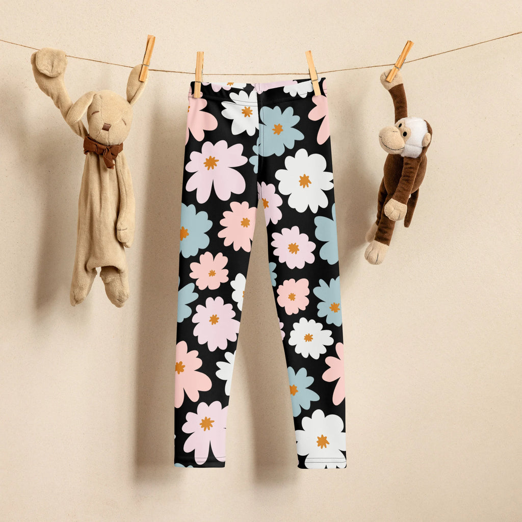Girls flower buttery soft black leggings with vibrant pink white and light blue floral pattern