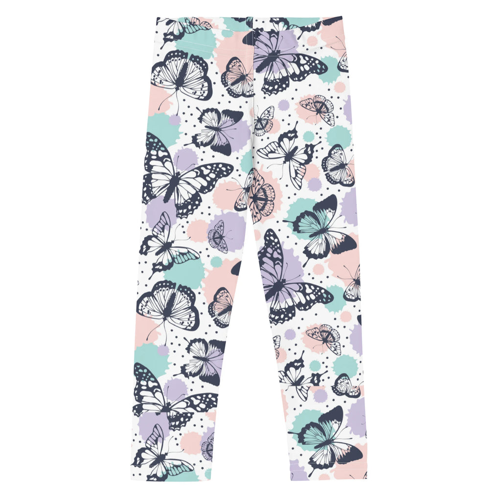 Girls butterfly buttery soft leggings in pastel colors with black-outlined butterflies and mint lavender blush splashes
