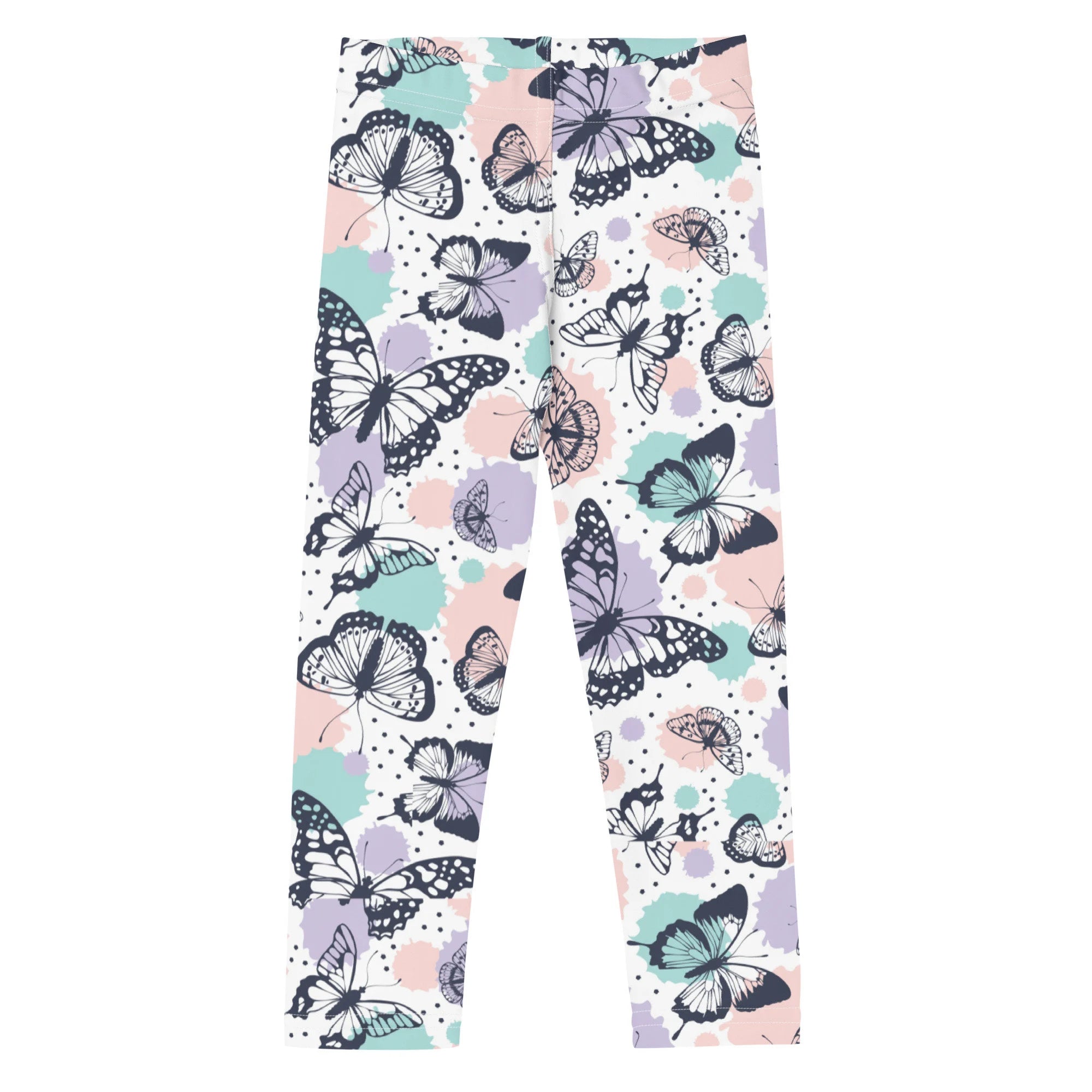 Girls butterfly buttery soft leggings in pastel colors with black-outlined butterflies and mint lavender blush splashes