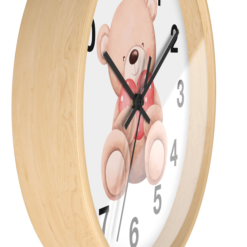 Kids teddy bear heart silent wood wall clock with light wood frame white face and cartoon teddy bear holding red heart