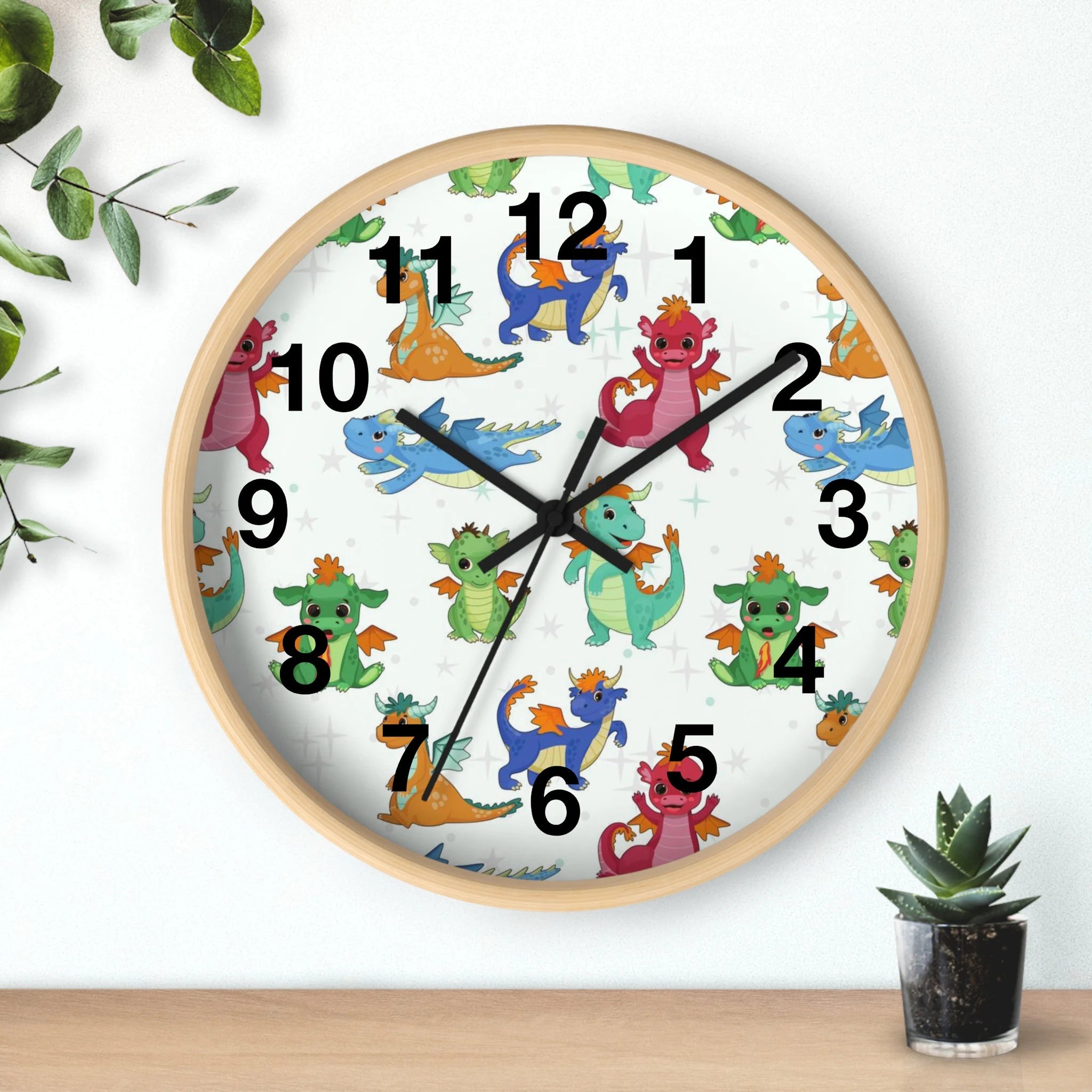 Kids colorful dragons silent wood wall clock with light wood frame white face and multicolored cartoon dragons