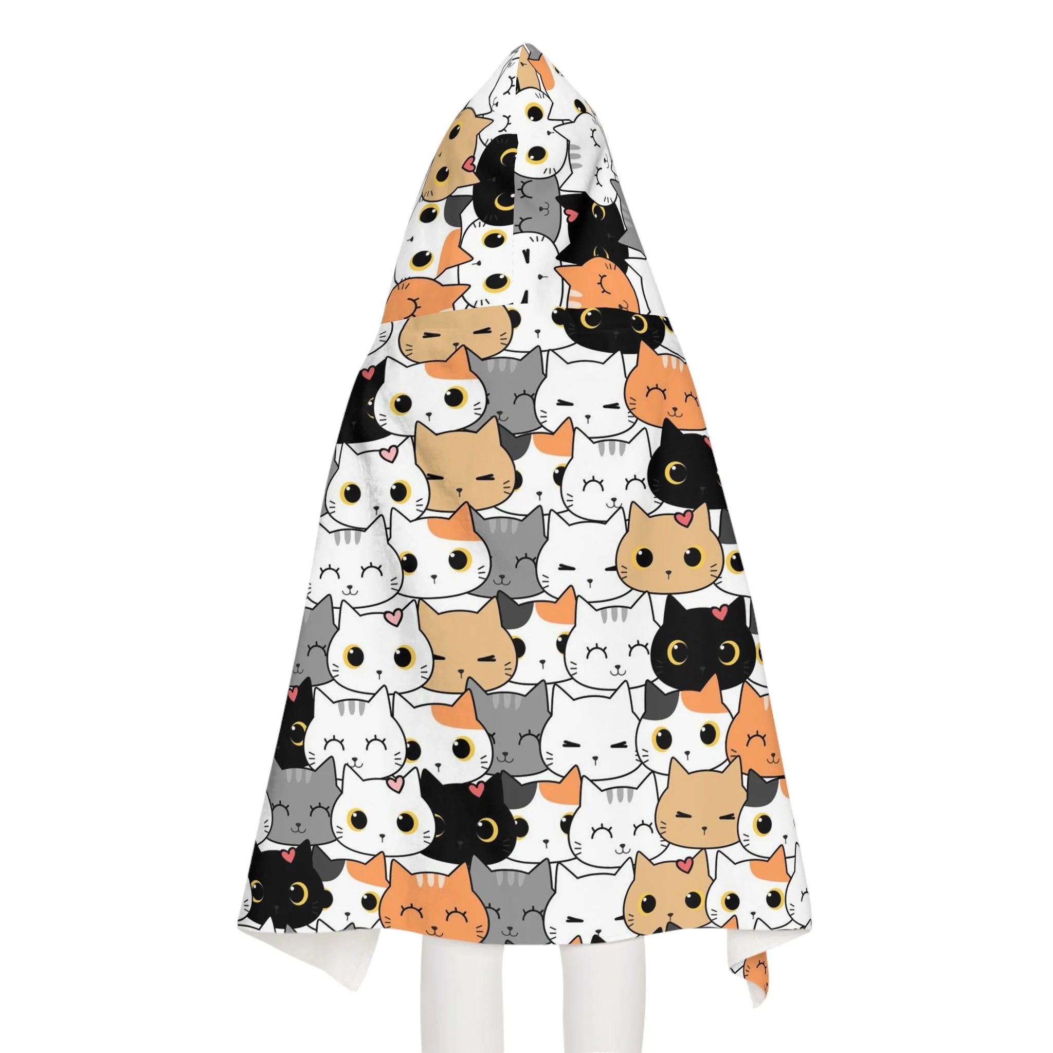 Girls cat hooded towel with a soft white blanket featuring colorful cartoon cats for kids bath and beach wrap