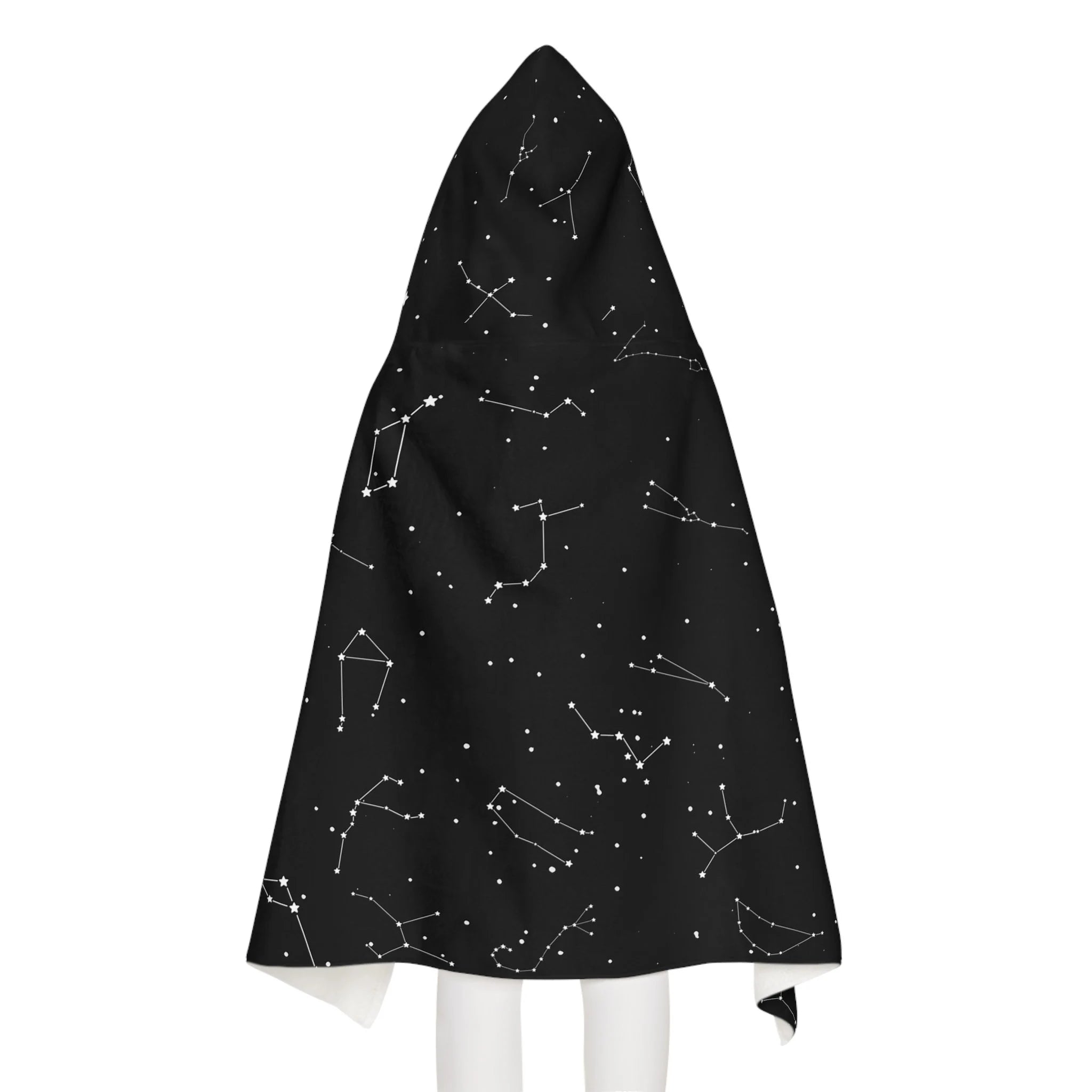 Kids realistic constellations hooded towel with black star map cape featuring white constellations on soft fabric