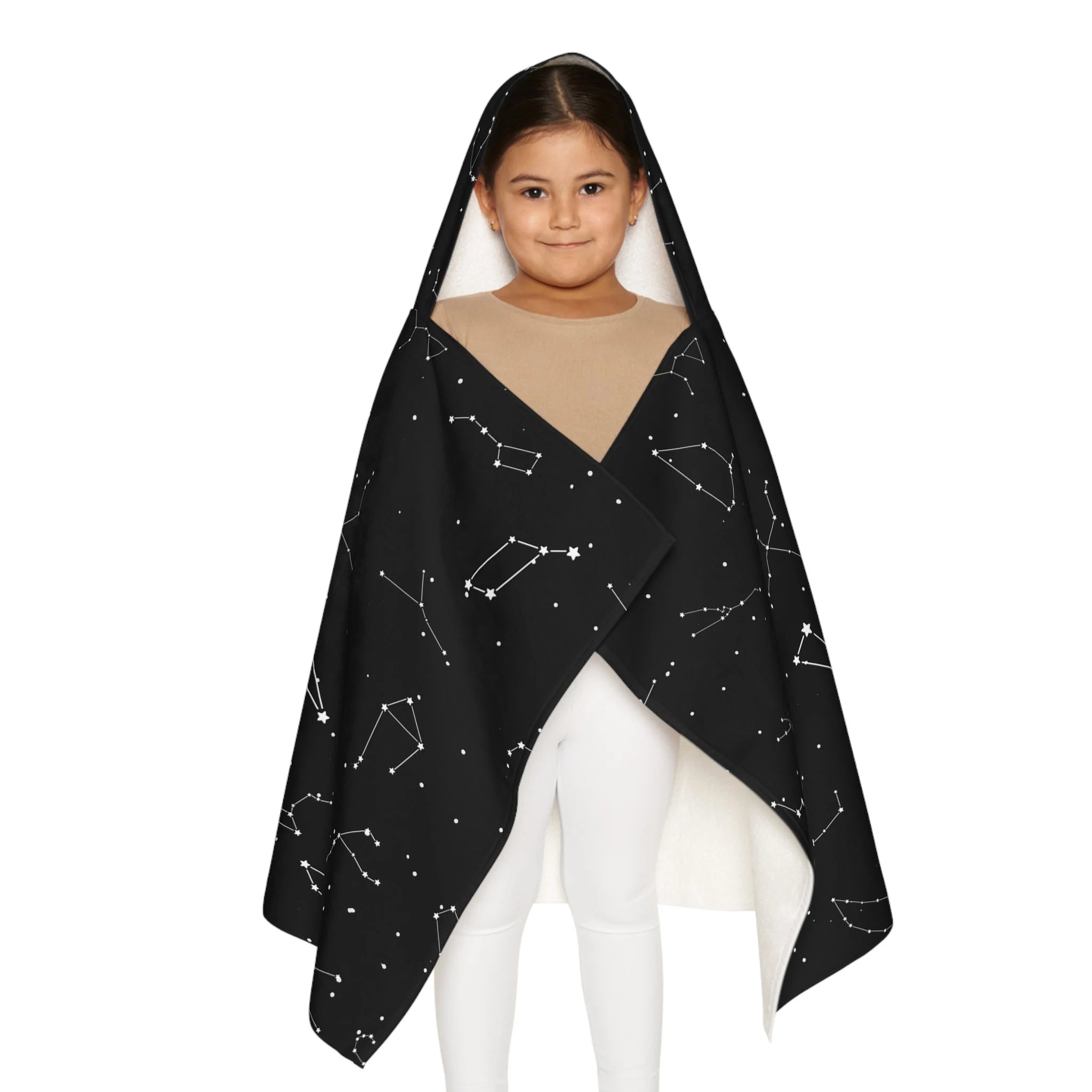 Kids realistic constellations hooded towel in black with white star map pattern and soft plush interior for bath and beach wrap