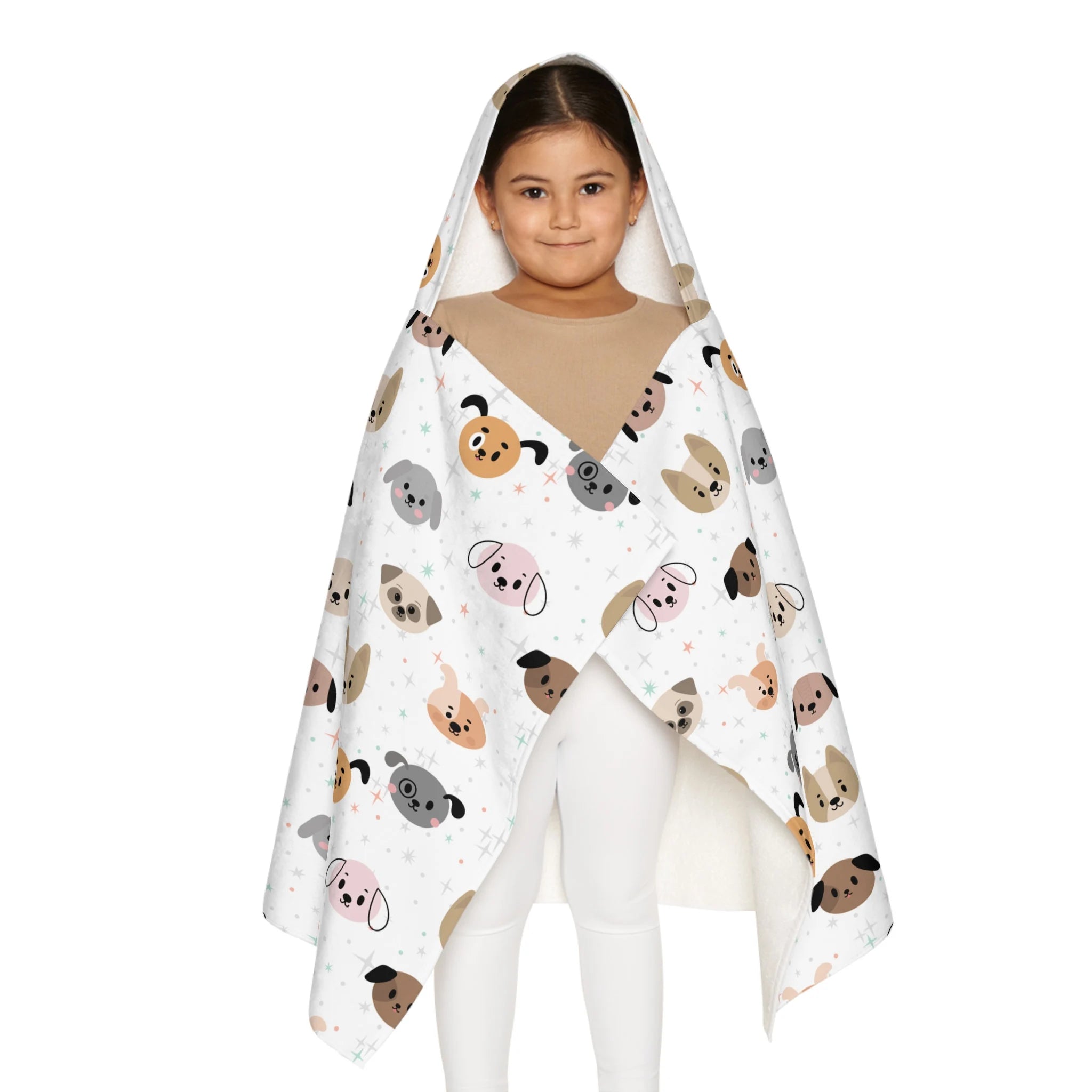 White hooded blanket with playful cartoon dogs in brown gray and pink soft absorbent kids bath and beach wrap