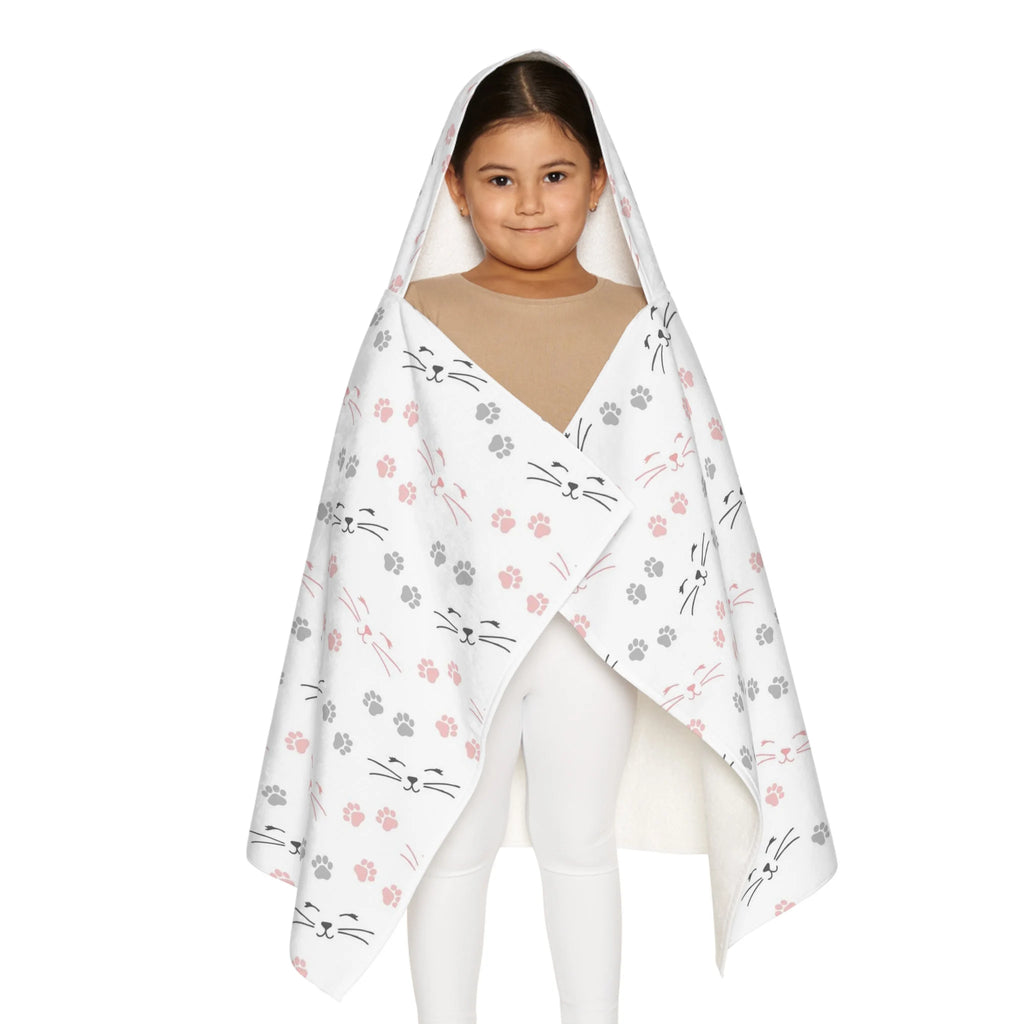 White hooded towel with pink and gray cat faces and paw prints soft absorbent girls bath and beach wrap