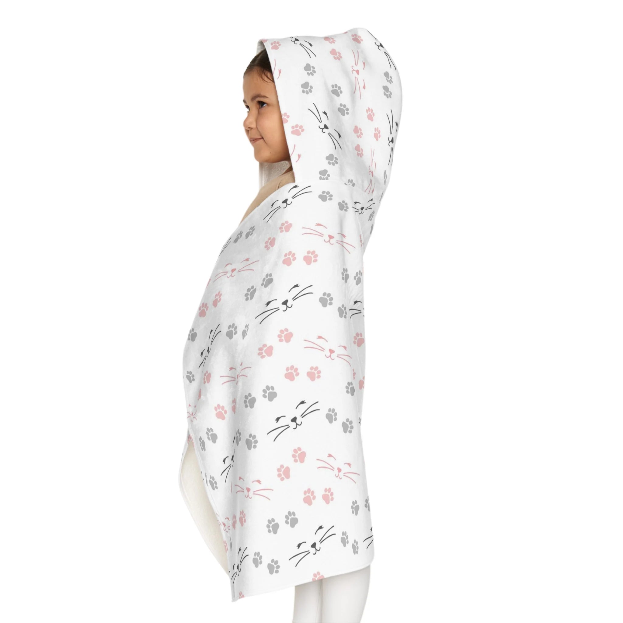 White hooded towel with pink and gray cat faces and paw prints soft absorbent kids bath and beach wrap