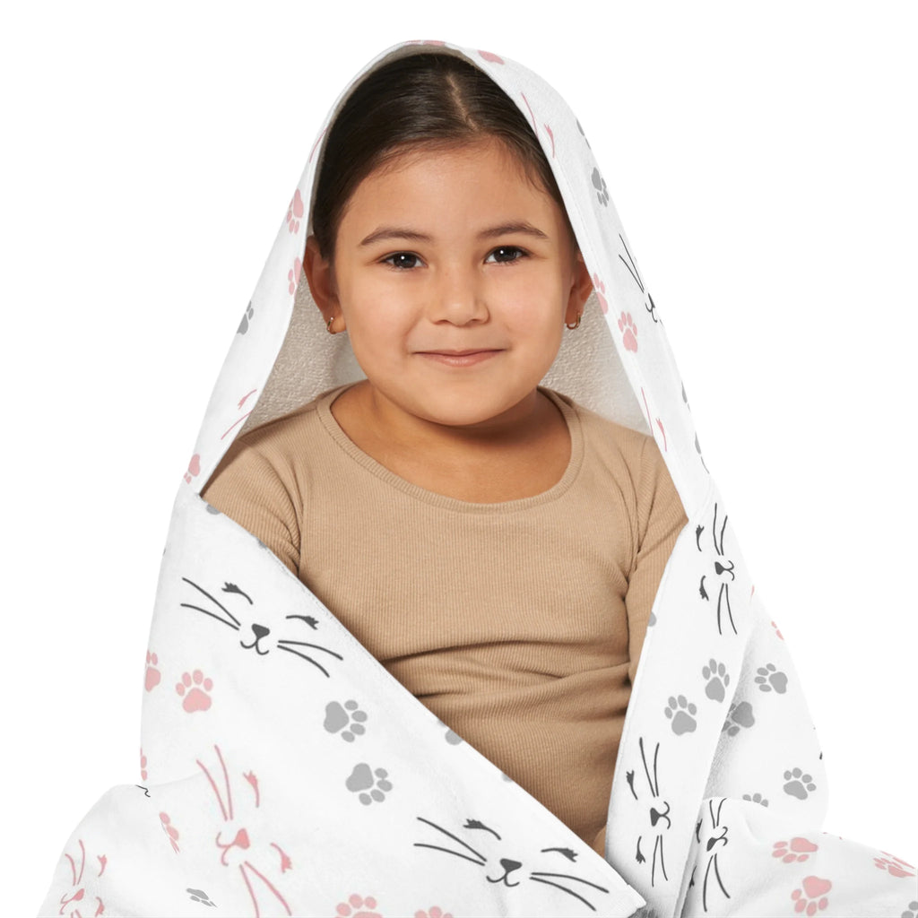 Girls cat paw prints hooded towel in white with pink and gray cat faces and paw prints soft absorbent wrap