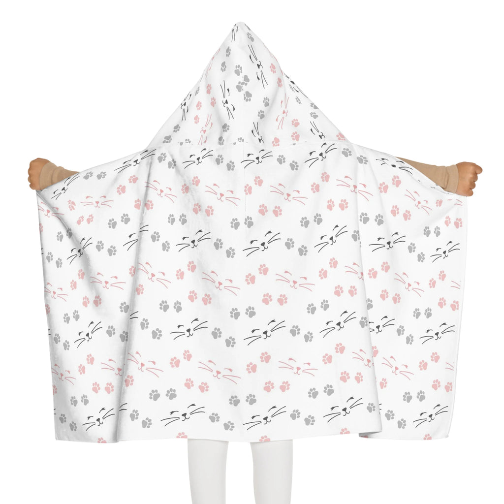 White hooded towel with pink and gray cat faces and paw prints soft absorbent kids bath and beach wrap