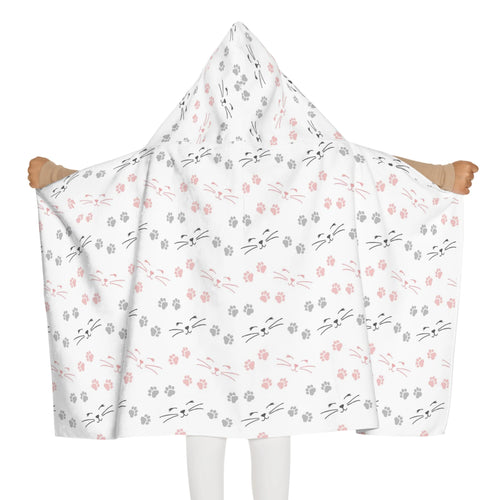 White hooded towel with pink and gray cat faces and paw prints soft absorbent kids bath and beach wrap