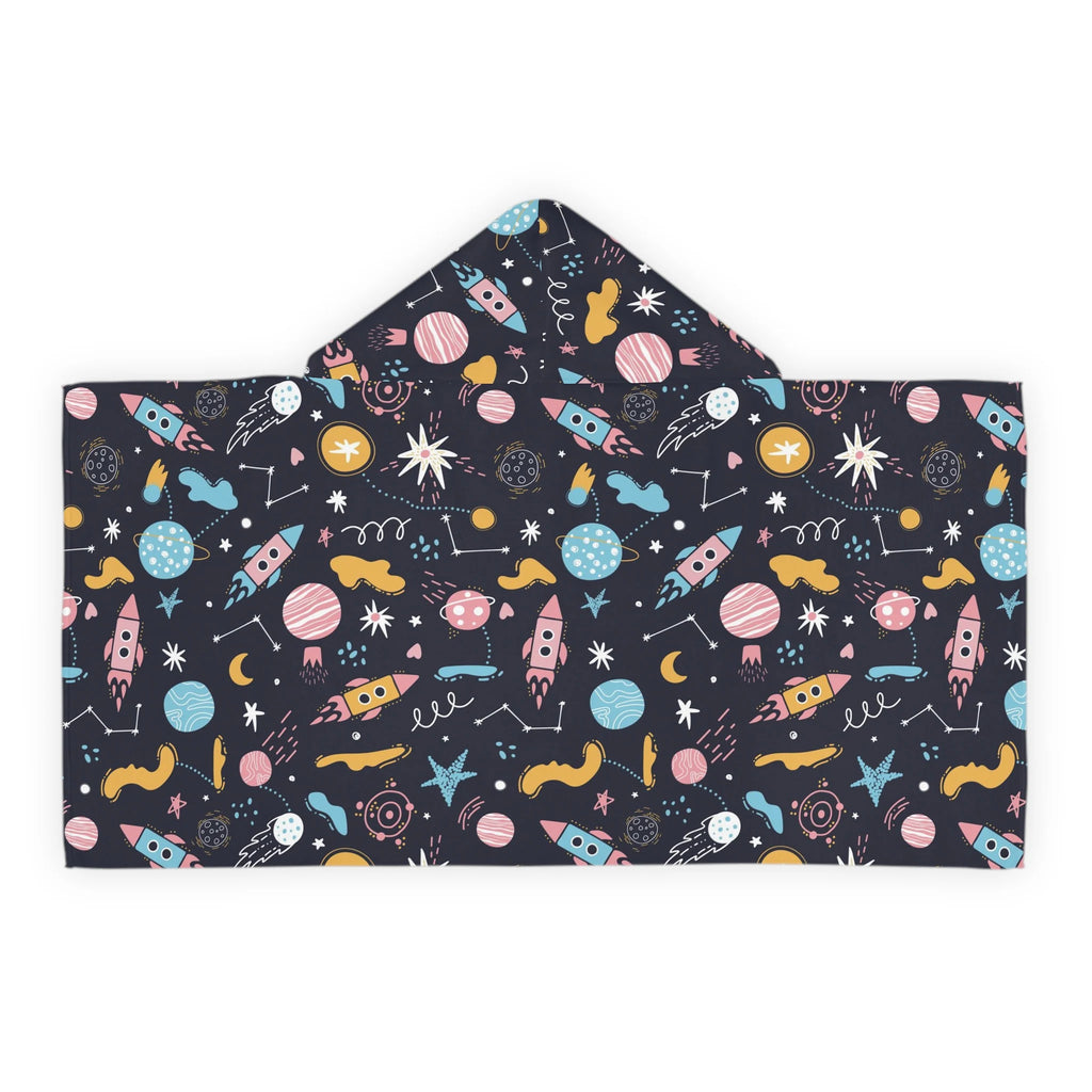 Kids outer space hooded towel in dark navy with colorful rockets and planets soft absorbent bath and beach wrap