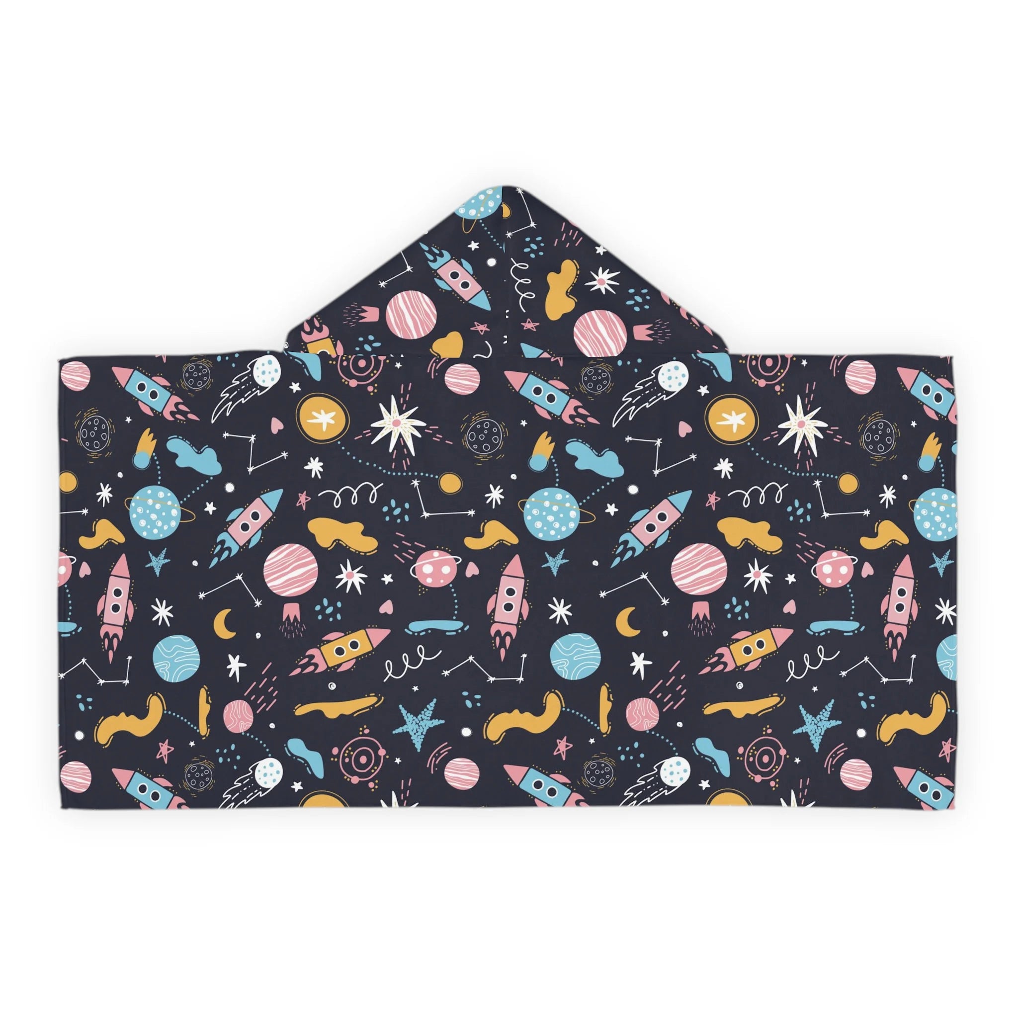 Kids outer space hooded towel in dark navy with colorful rockets and planets soft absorbent bath and beach wrap