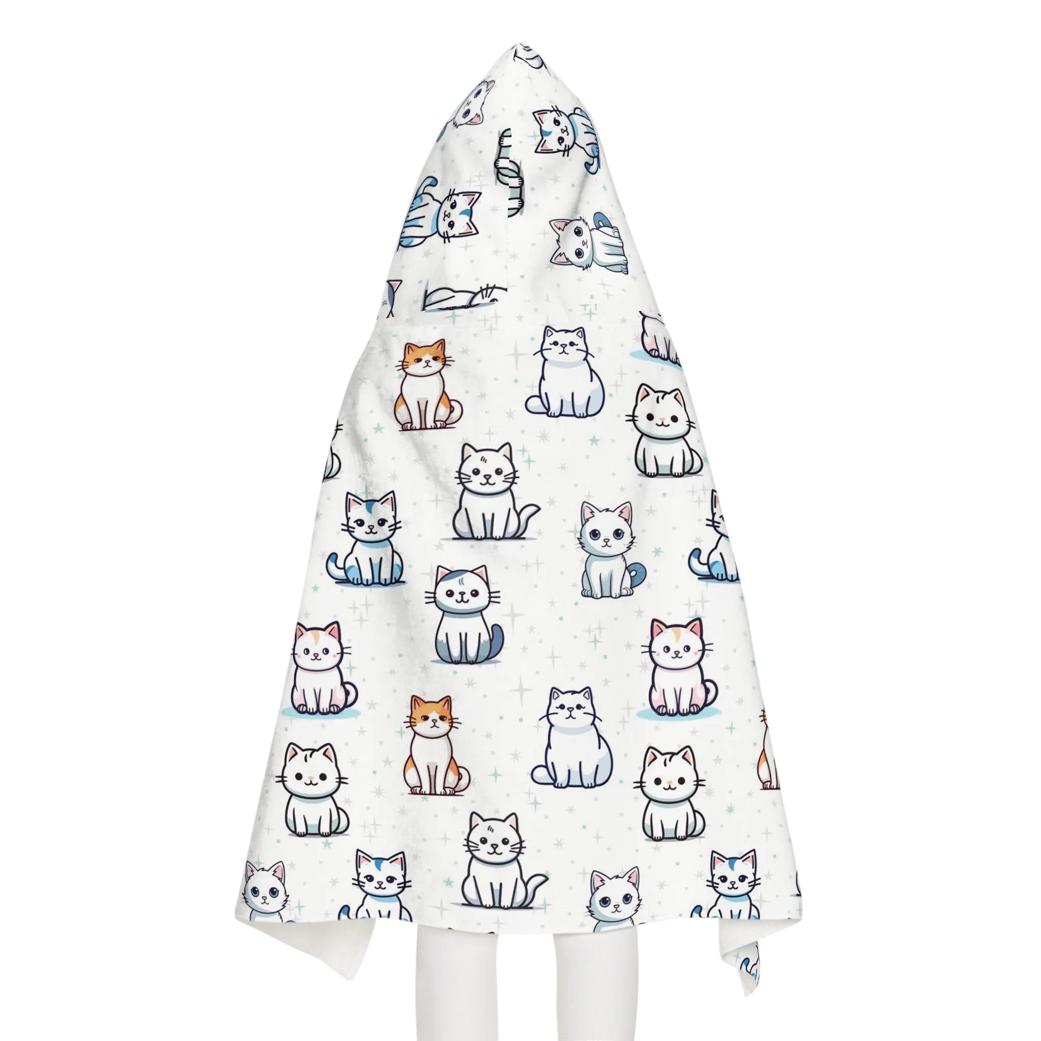 White hooded towel with playful orange blue and gray cartoon cats soft absorbent bath and beach wrap for girls