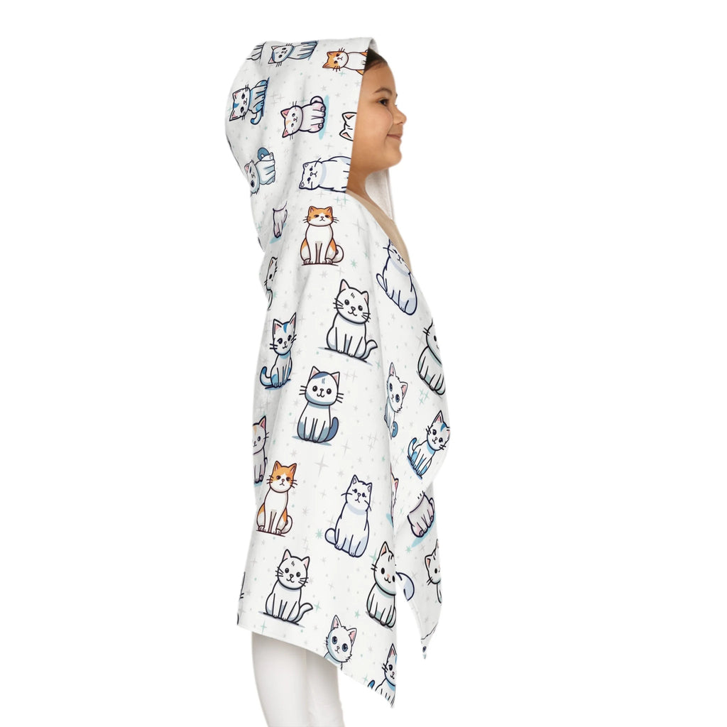 White hooded towel for girls with playful orange gray and blue cartoon cat pattern soft absorbent bath and beach wrap
