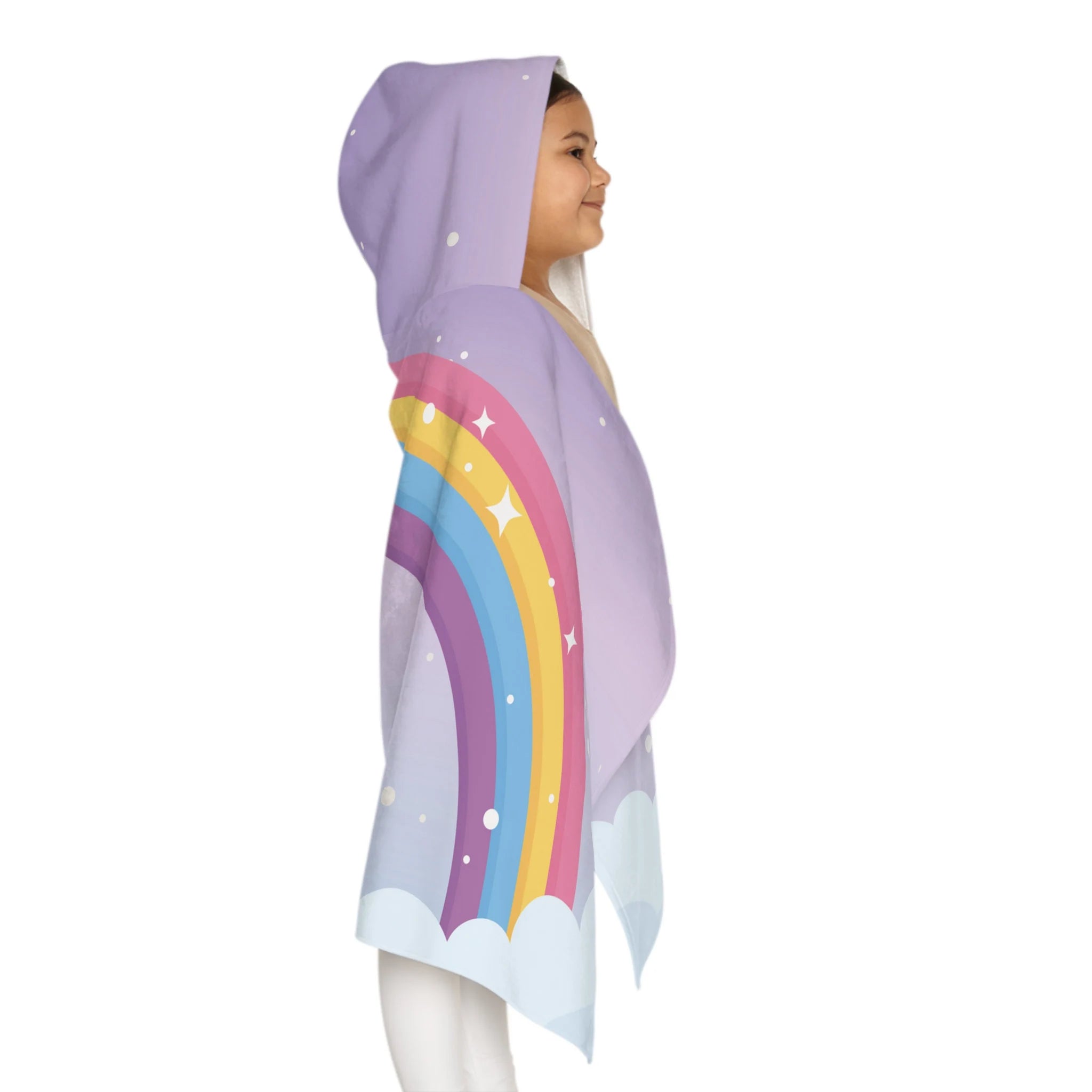 Girls pastel rainbow and clouds hooded towel soft absorbent lavender bath and beach wrap with stars and clouds design