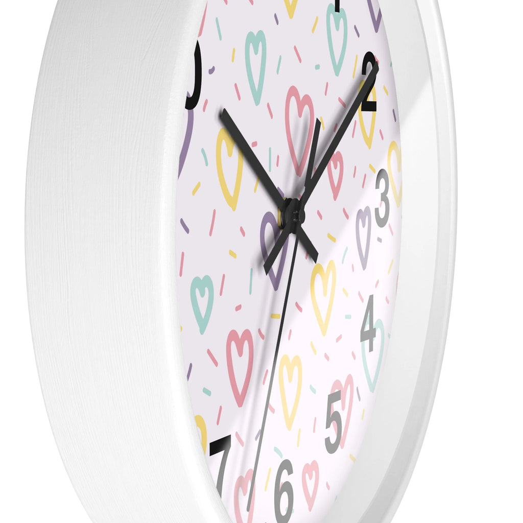 Girls pastel hearts silent wood wall clock with white face playful pastel hearts and sprinkles black hands