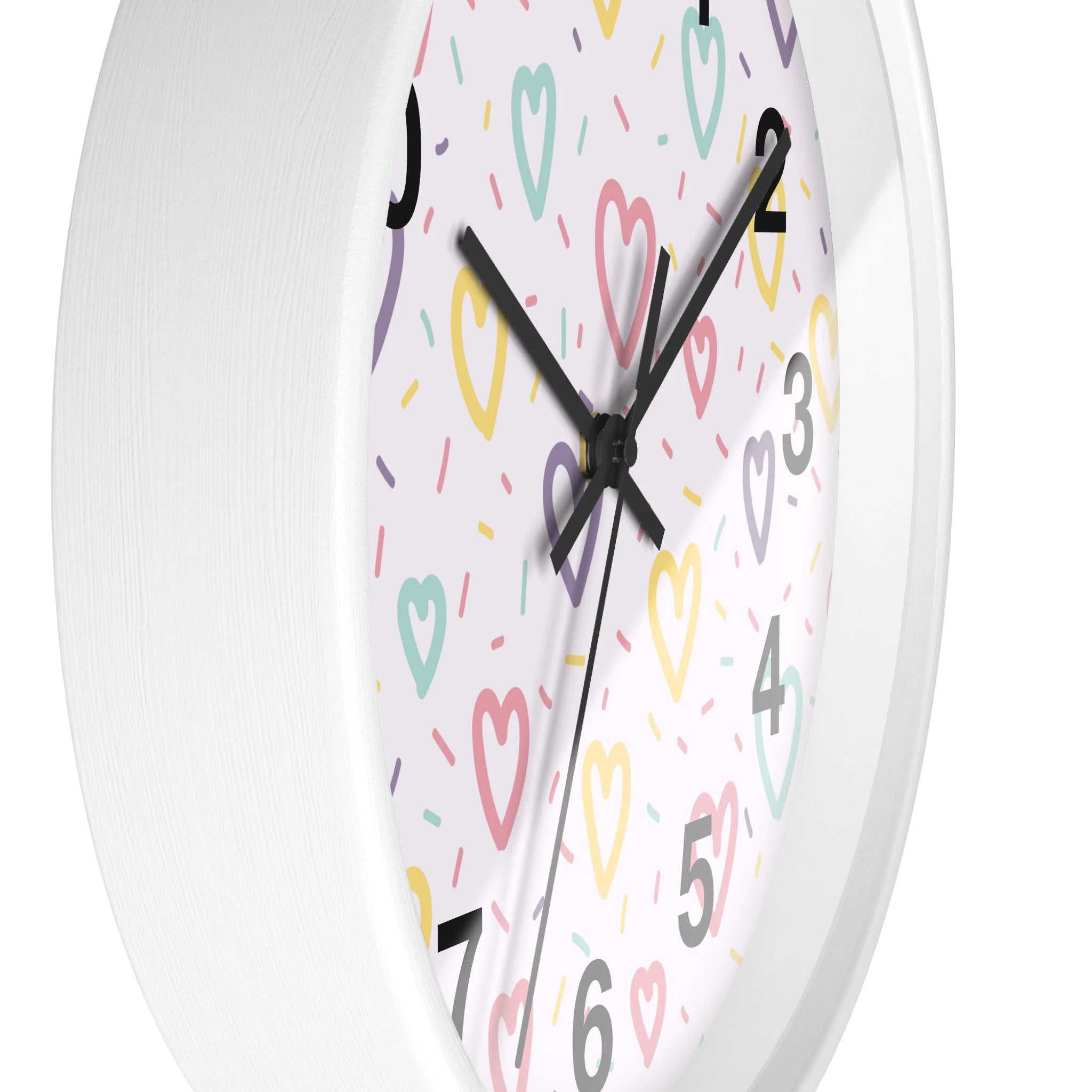 Girls pastel hearts silent wood wall clock with white face playful pastel hearts and sprinkles black hands