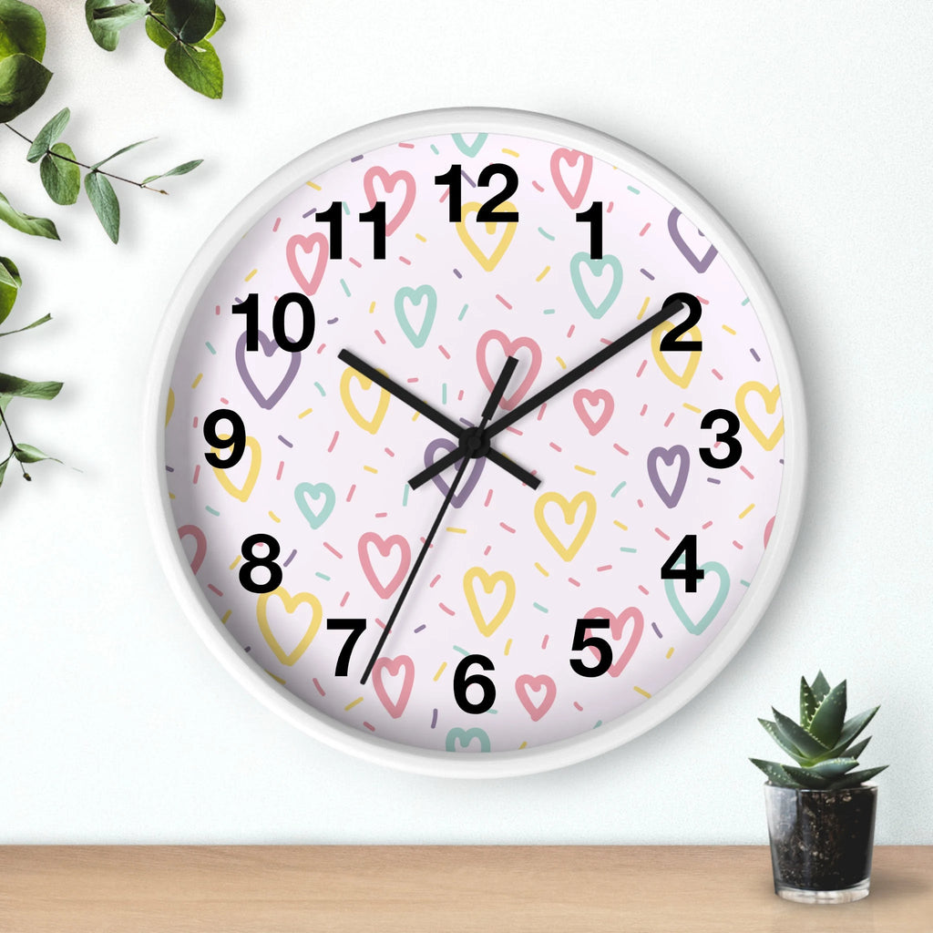 Girls pastel hearts silent wood wall clock round white frame with pastel face decorated with multicolored hearts and sprinkles