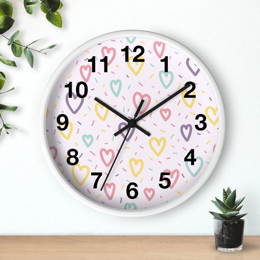 Girls Pastel Hearts Silent Wood Wall Clock
