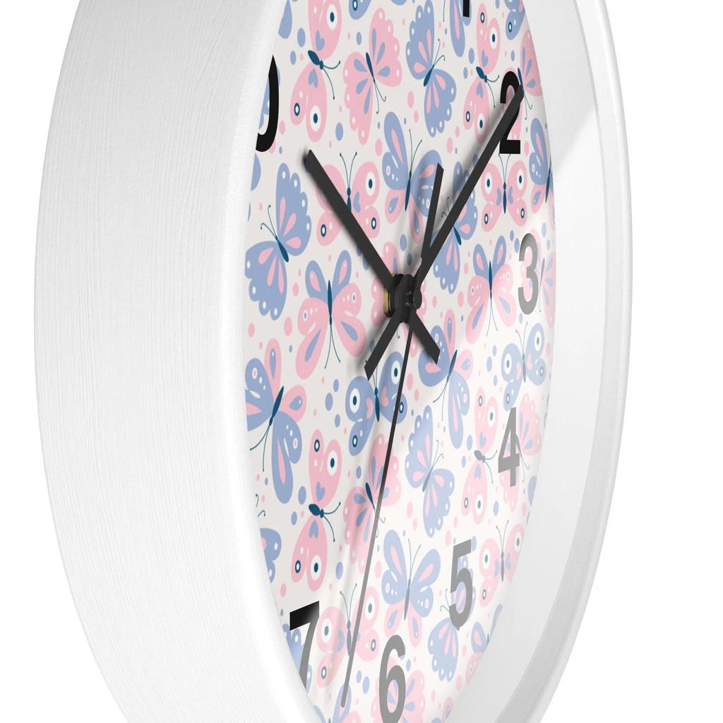 Girls pink and blue butterflies silent wood wall clock round with white frame and face featuring butterfly patterns and black hands
