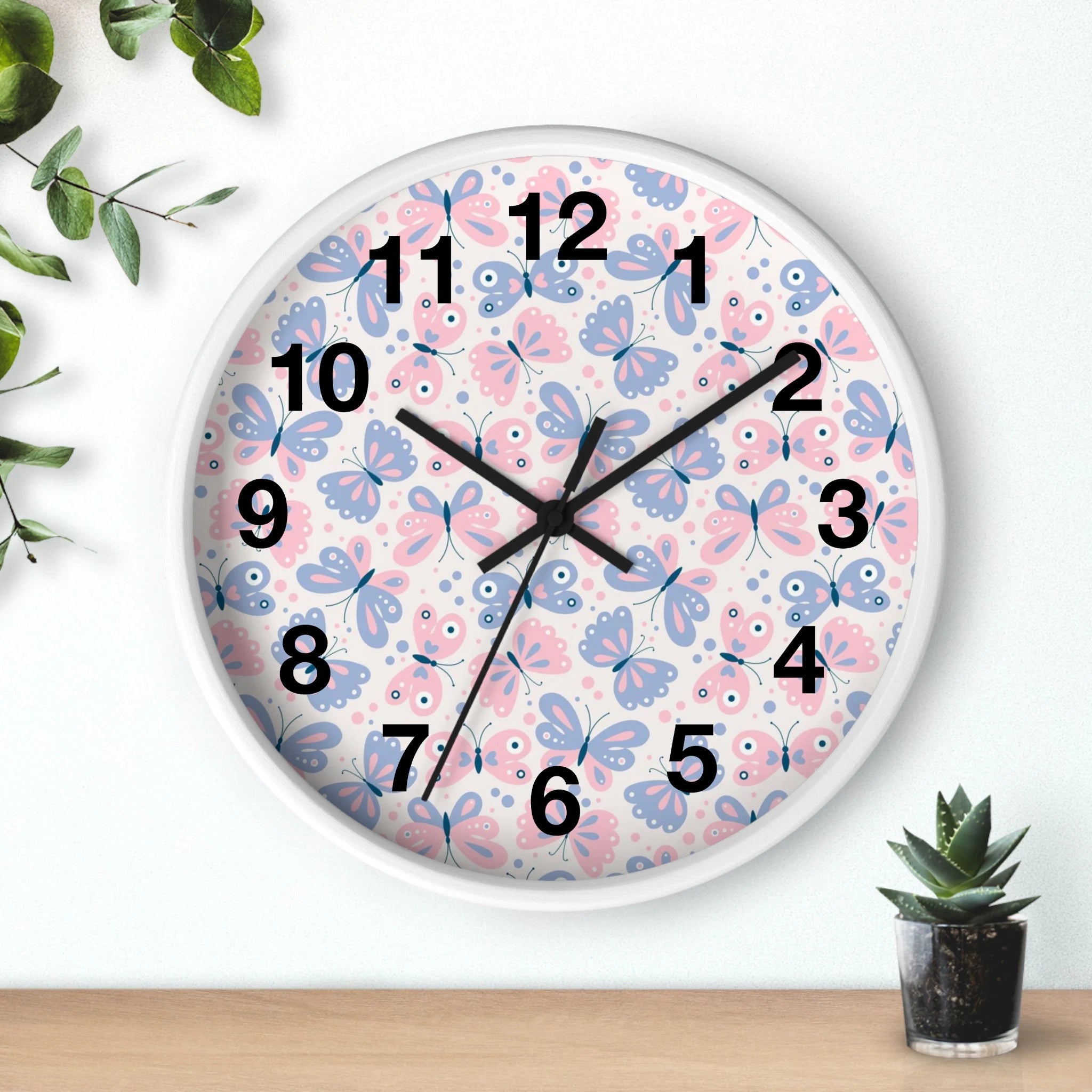 Girls pink and blue butterflies silent wood wall clock with white frame and pastel butterfly pattern on face